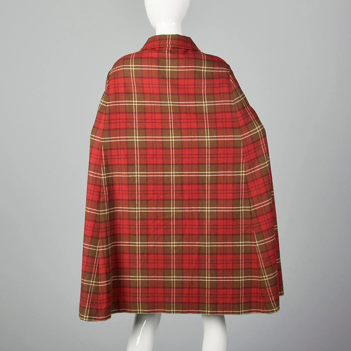 1970s Red Plaid Cape with Button Front