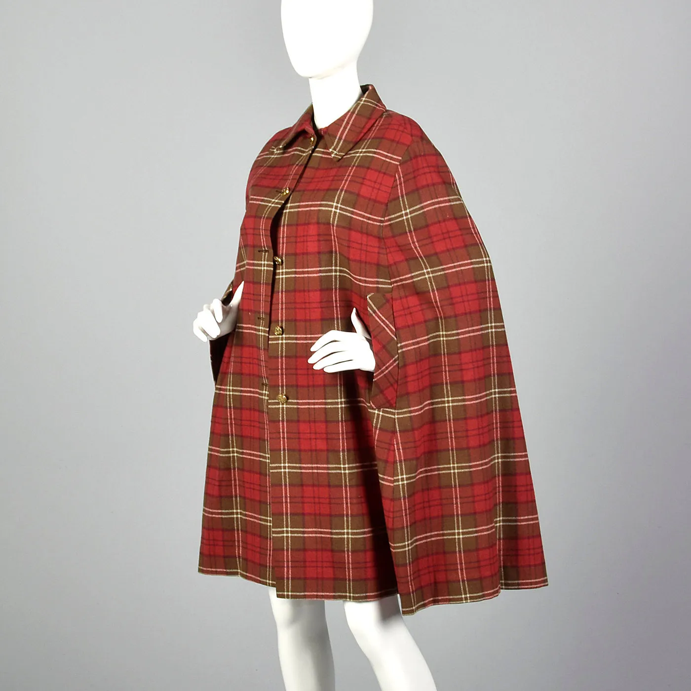 1970s Red Plaid Cape with Button Front