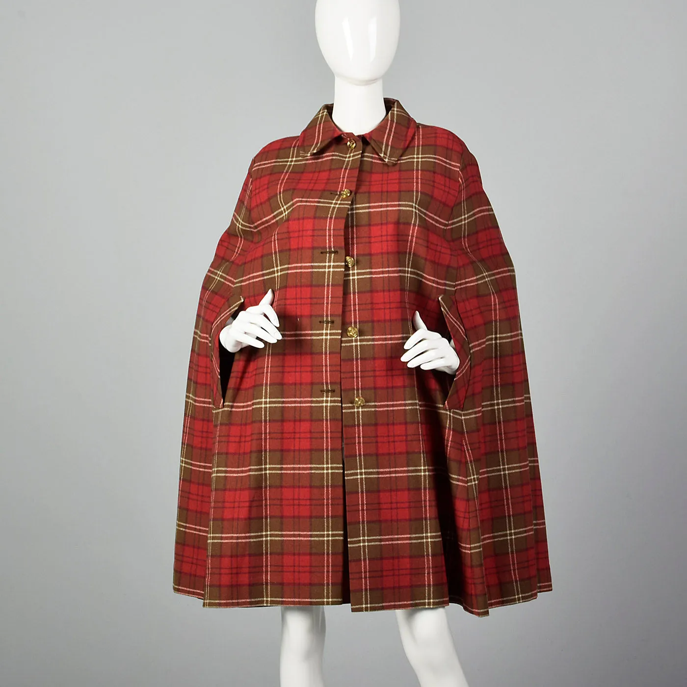 1970s Red Plaid Cape with Button Front