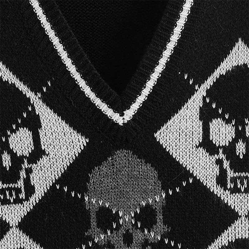 Aidase Y2K Gothic Knit Sweater Vest Skull Argyle Print Pattern Knitwear V-neck Pullover Fashion Jumper Top Women Halloween Streetwear