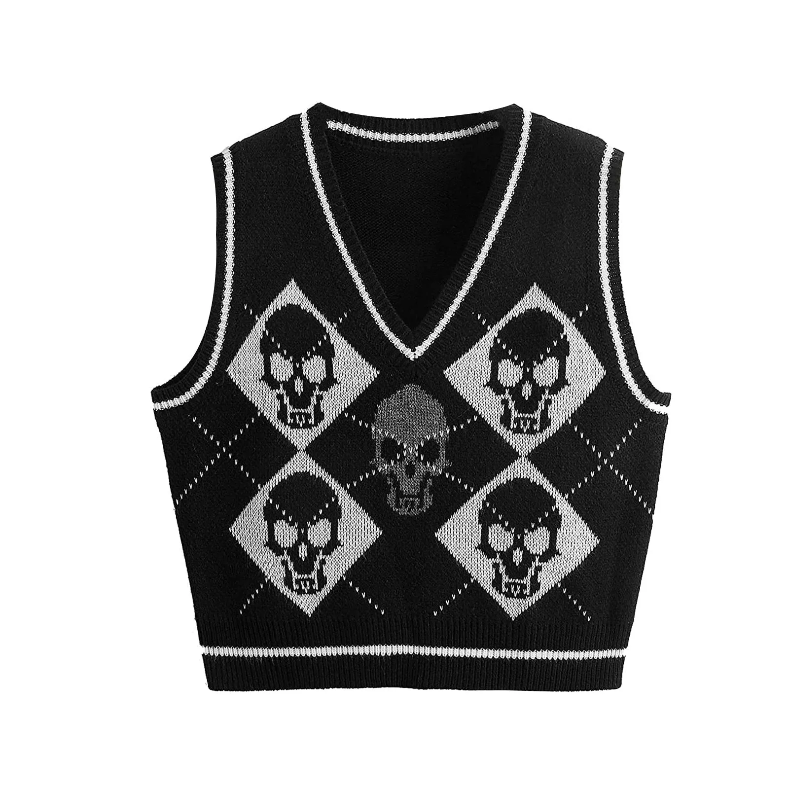 Aidase Y2K Gothic Knit Sweater Vest Skull Argyle Print Pattern Knitwear V-neck Pullover Fashion Jumper Top Women Halloween Streetwear