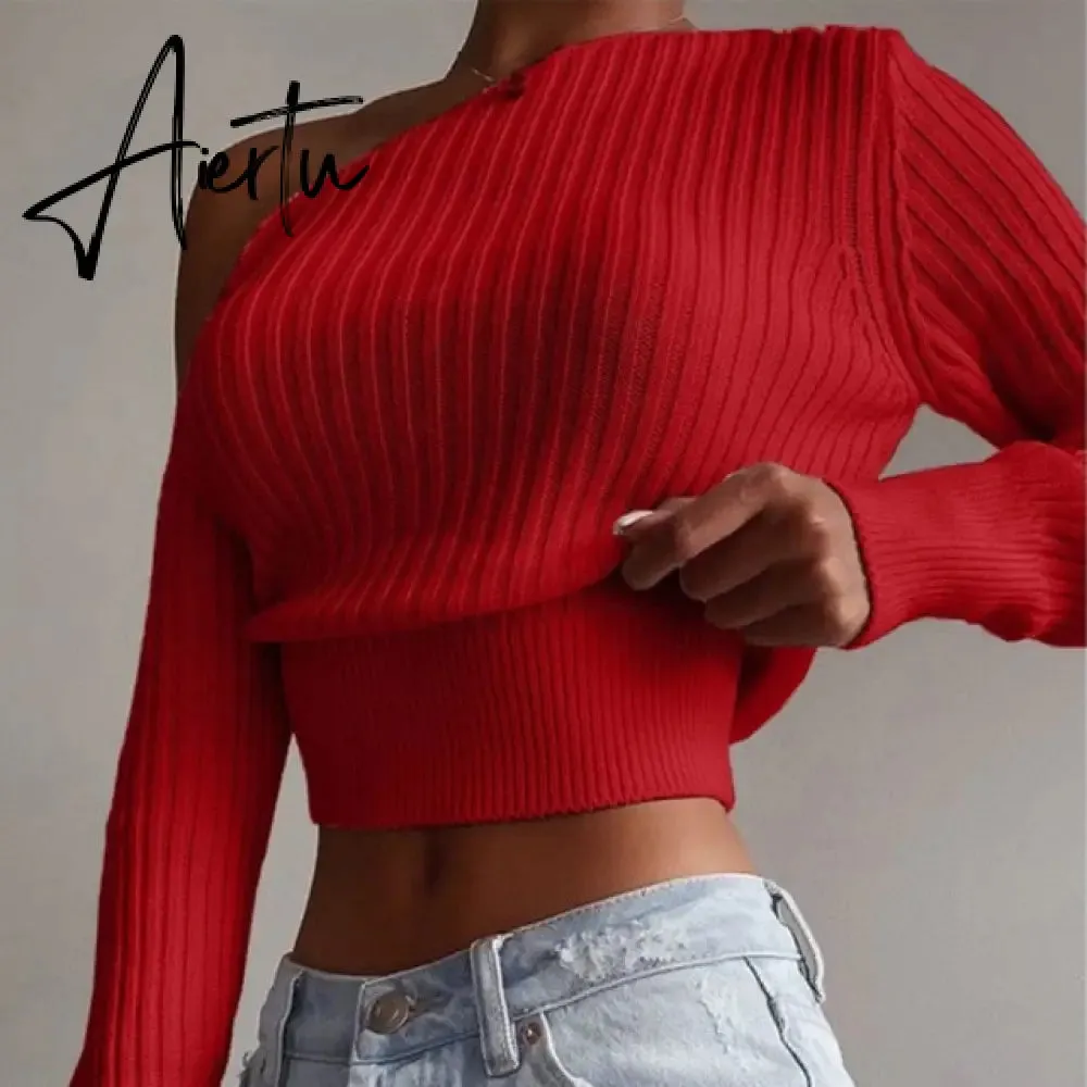 Aiertu New Sexy Off Shoulder Women' Sweater Jumper Spring Long Sleeve Knitted Crop Tops Fashion Solid Lady Pullover Sweaters Streetwear