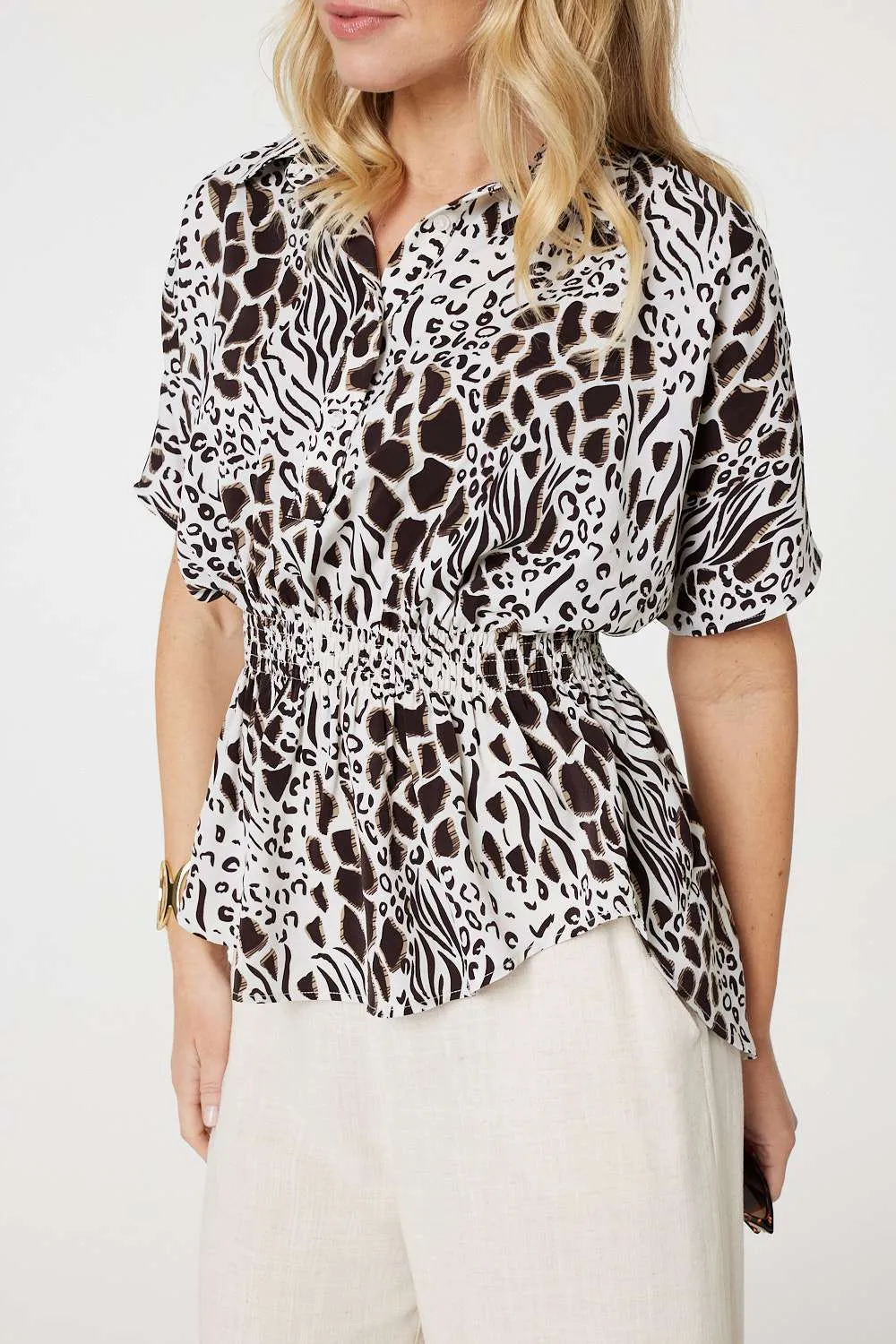 Animal Print Shirred Waist Blouse