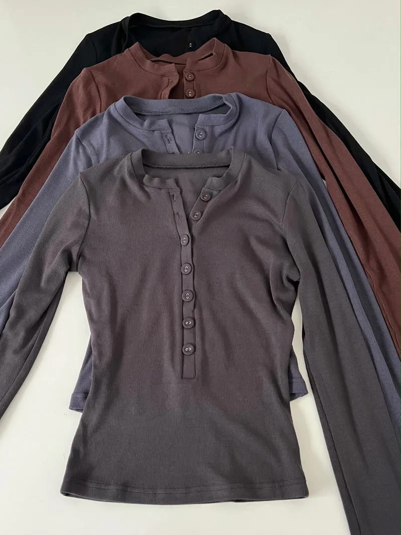 Annalise Solid Color Button Up V Neck Long Sleeve Slim Top