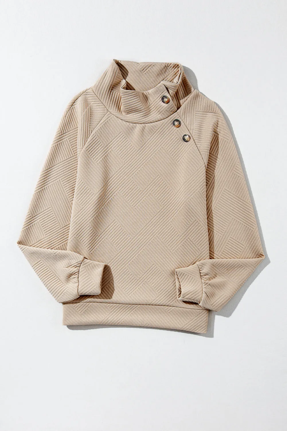 Apricot Asymmetric Buttons Detail High Neck Textured Sweatshirt