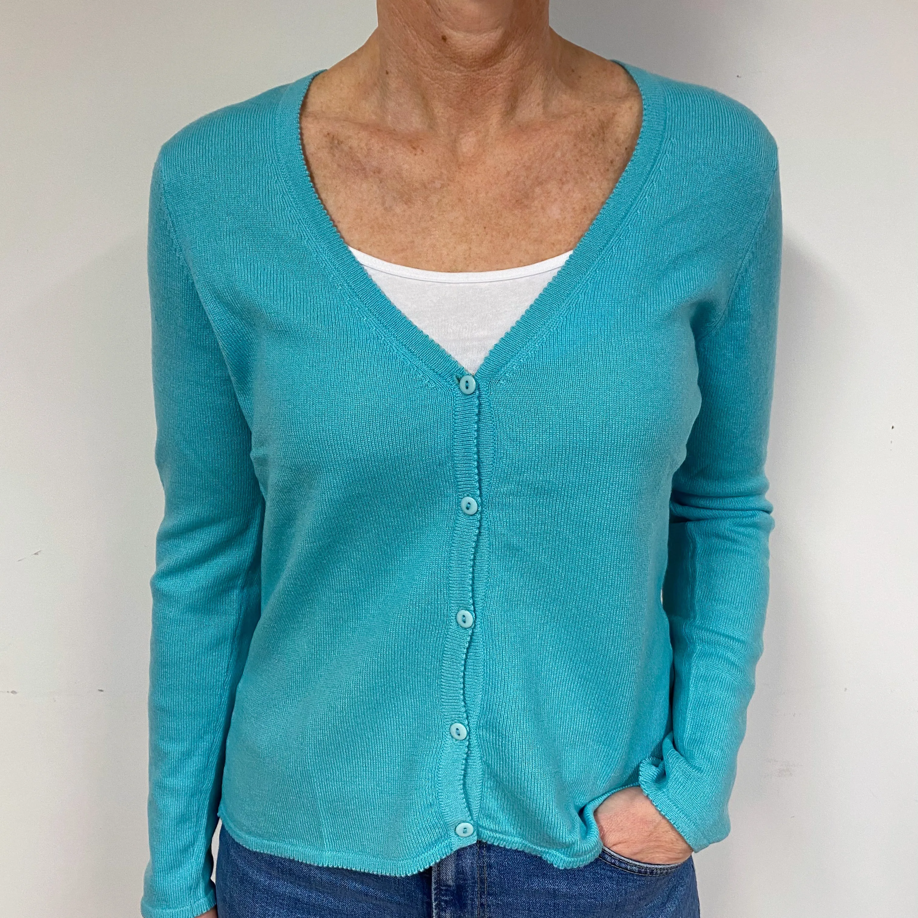 Aqua Blue Cashmere V-Neck Cardigan Medium