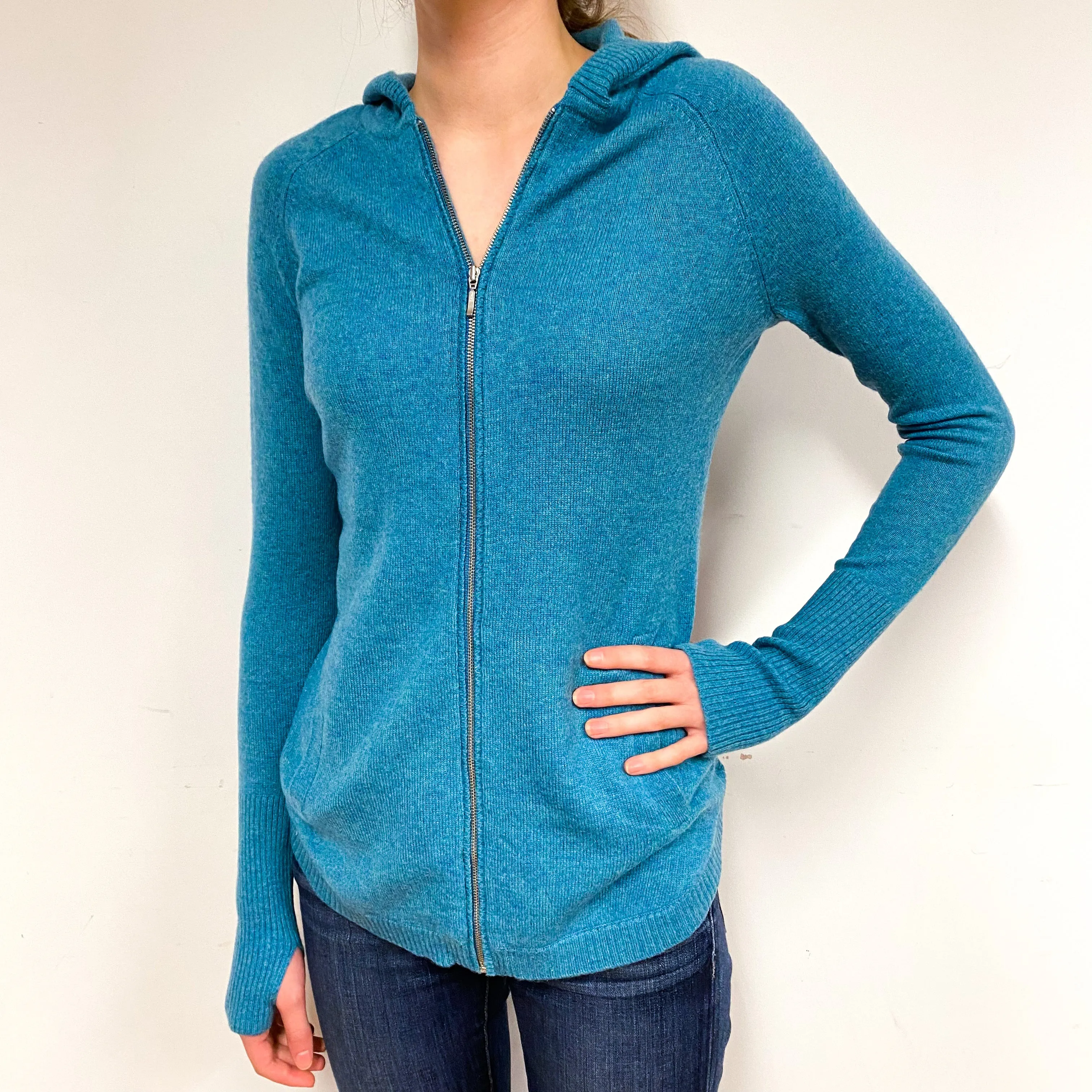 Aqua Blue Cashmere Zip Front Hoodie Extra Small