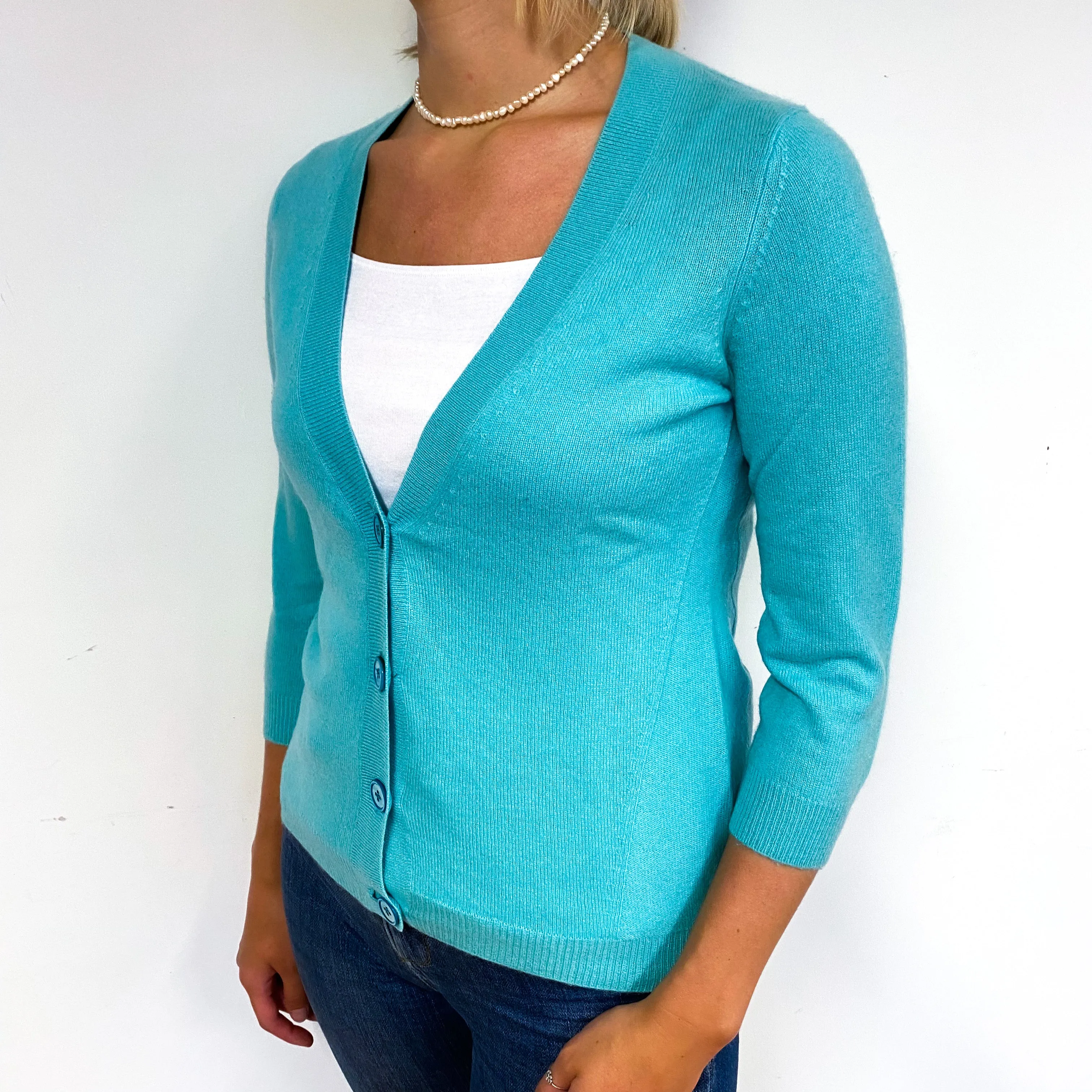 Aqua Green 3/4 Sleeve Cashmere V-Neck Cardigan Small