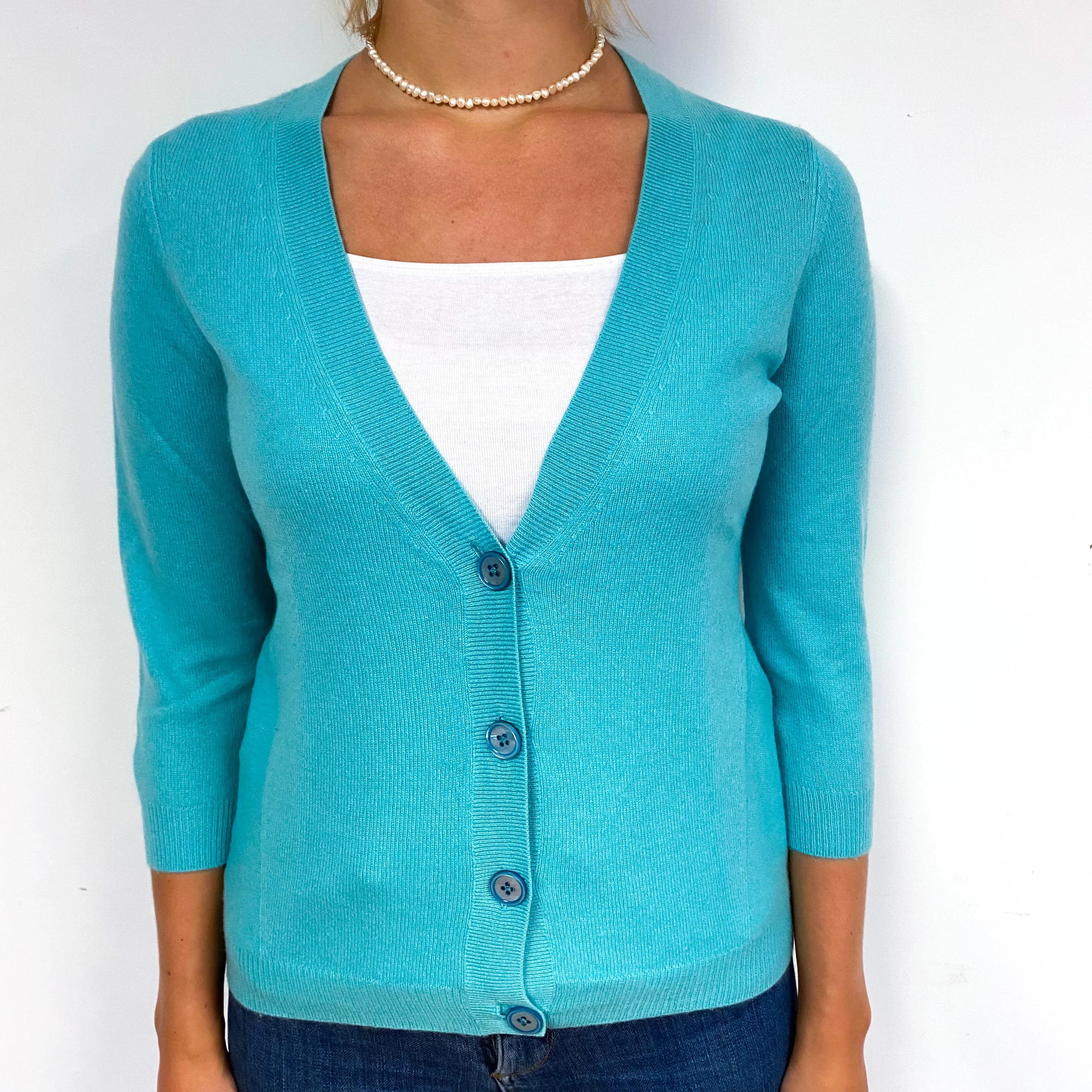 Aqua Green 3/4 Sleeve Cashmere V-Neck Cardigan Small