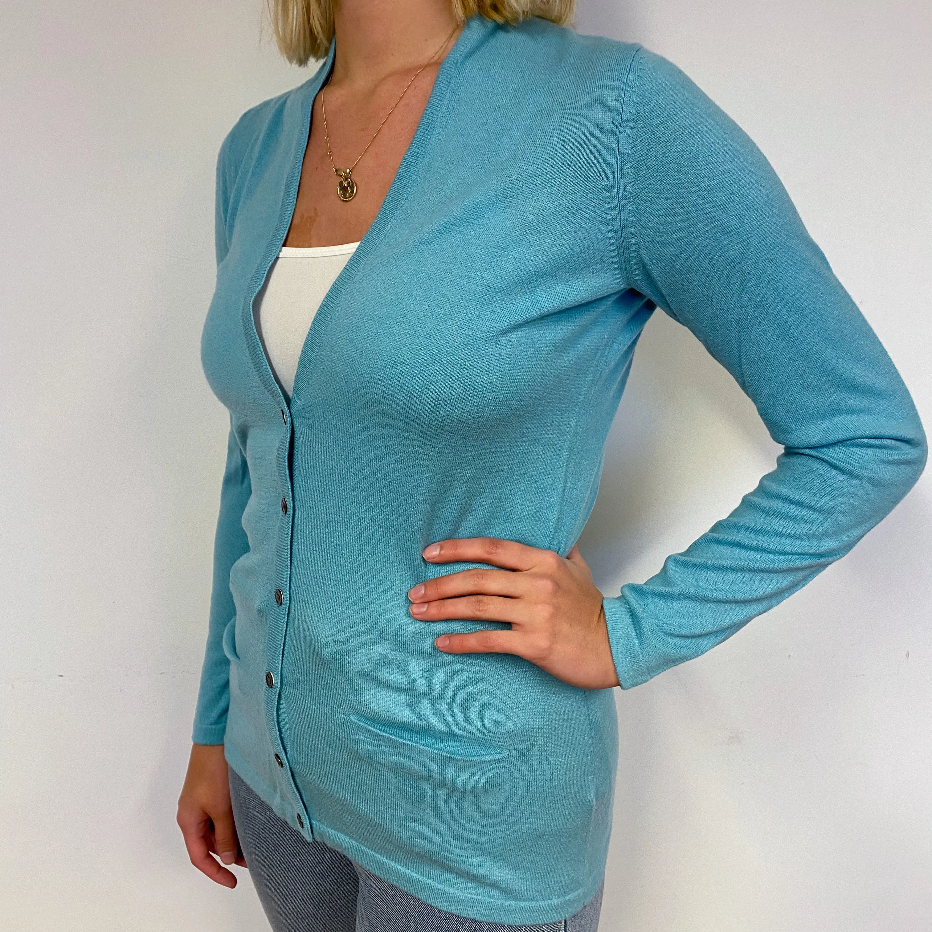 Aqua Green Cashmere V-Neck Cardigan Small