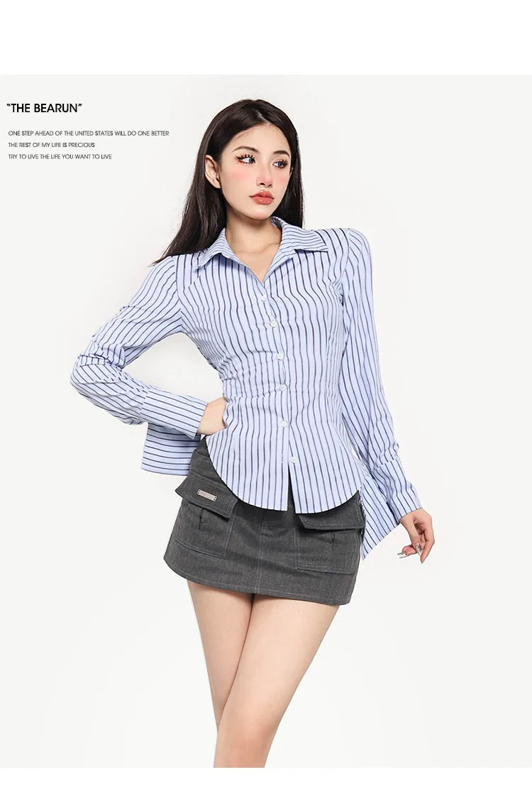 Asia Stripe Blue Slim Button Up Long Sleeve Fitted Top