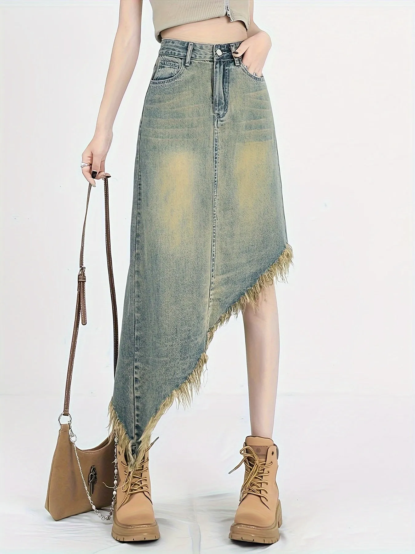 Asymmetric Raw Hem Distressed Washed High Rise Stylish Midi Denim Skirt, Women's Denim Jeans & Clothing