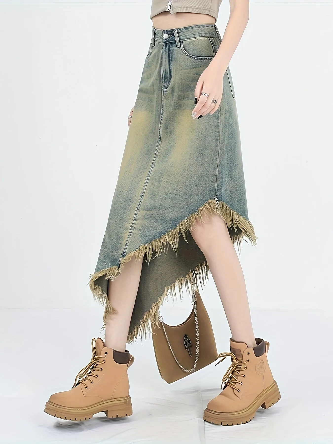 Asymmetric Raw Hem Distressed Washed High Rise Stylish Midi Denim Skirt, Women's Denim Jeans & Clothing