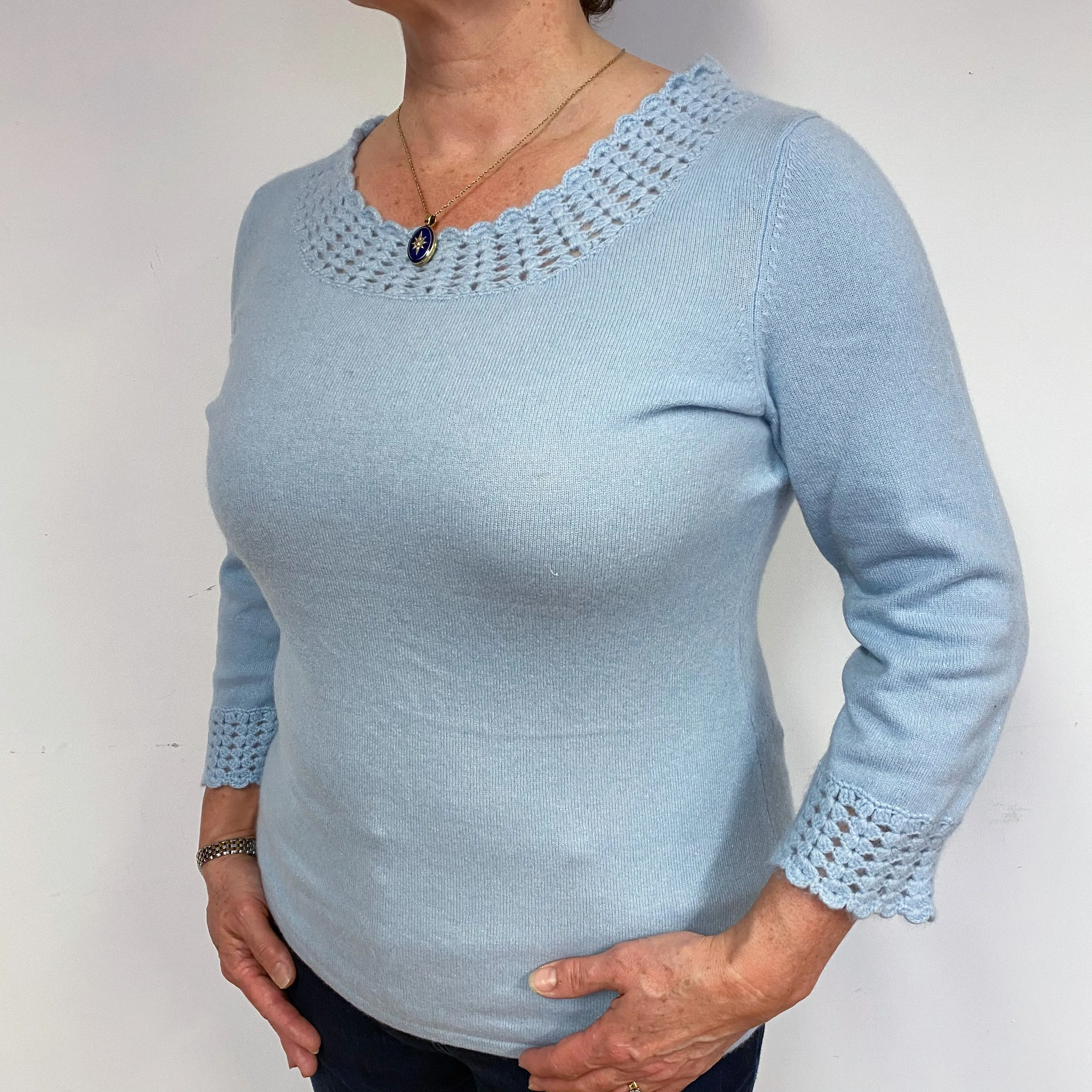 Baby Blue Lace Cashmere Crew Neck Jumper Large