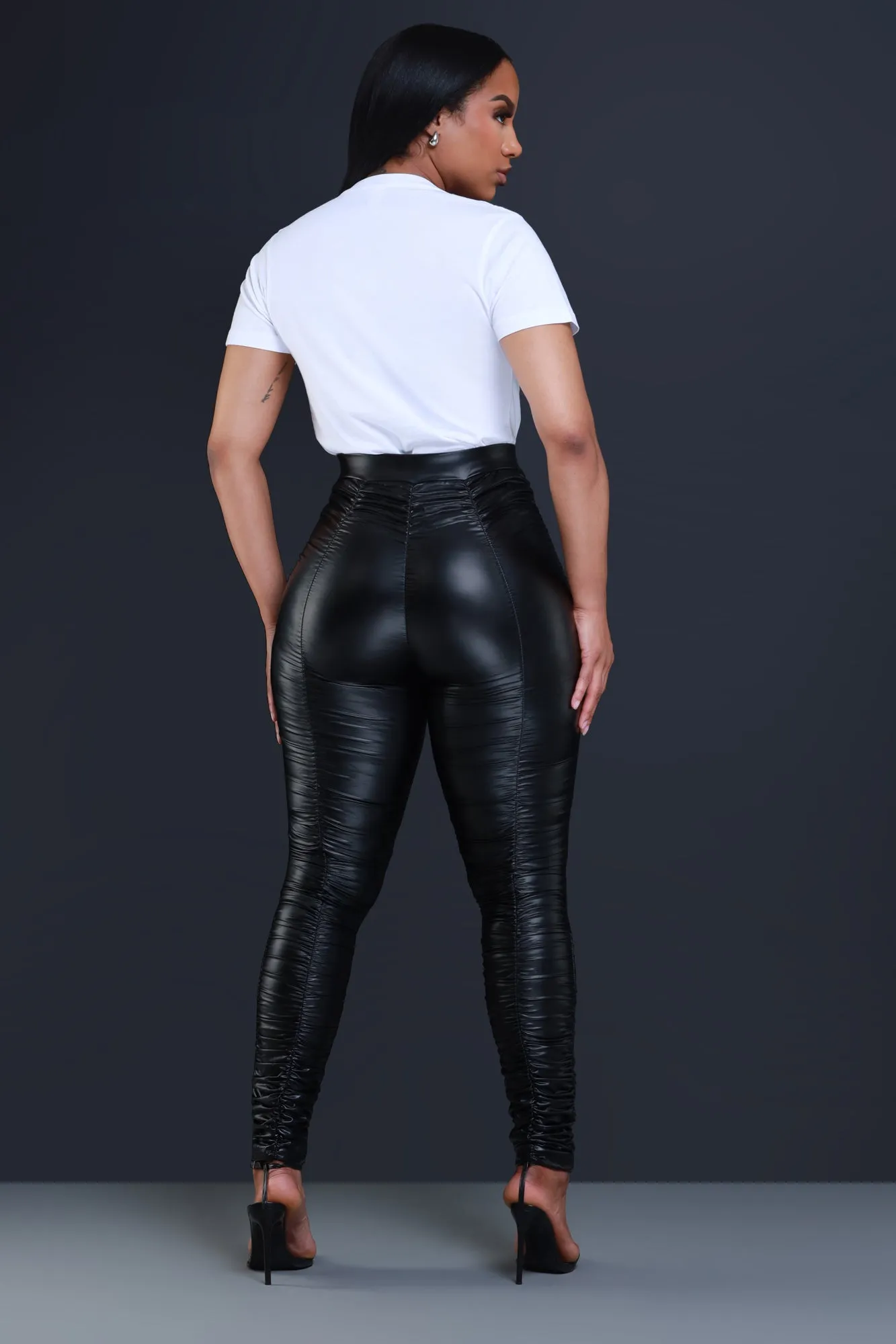 Be Honest Ruched High Waist Pants - Shiny Black Faux Leather Leggings