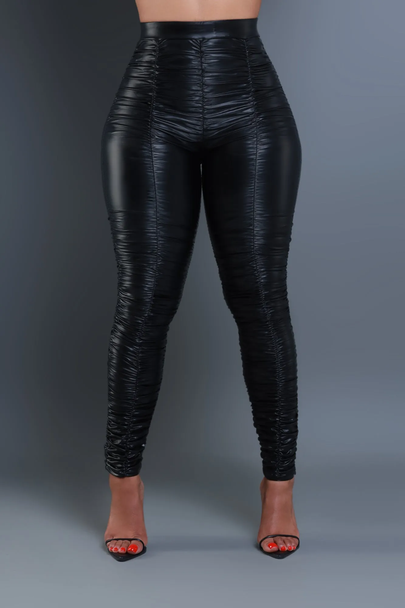 Be Honest Ruched High Waist Pants - Shiny Black Faux Leather Leggings