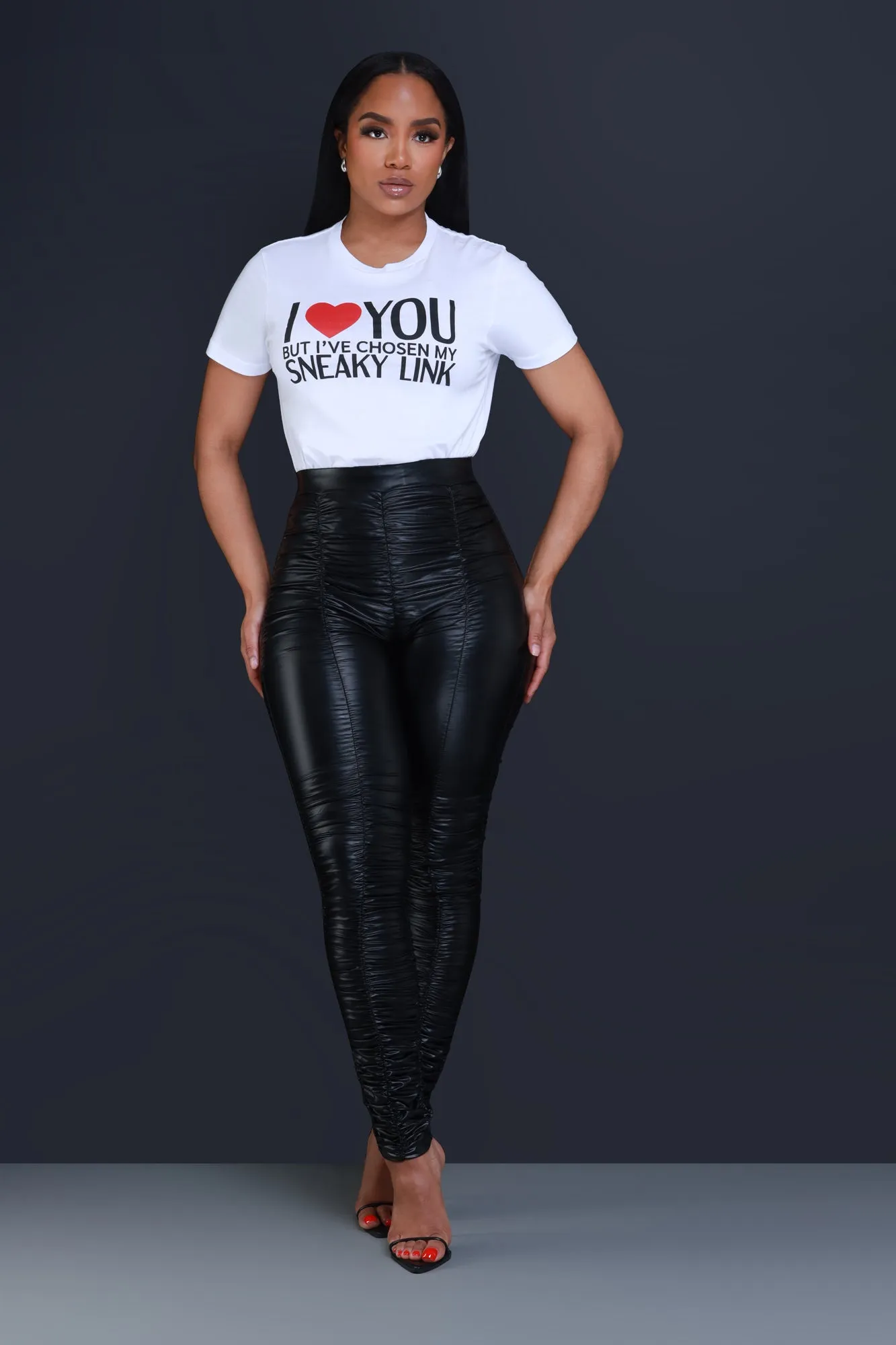 Be Honest Ruched High Waist Pants - Shiny Black Faux Leather Leggings