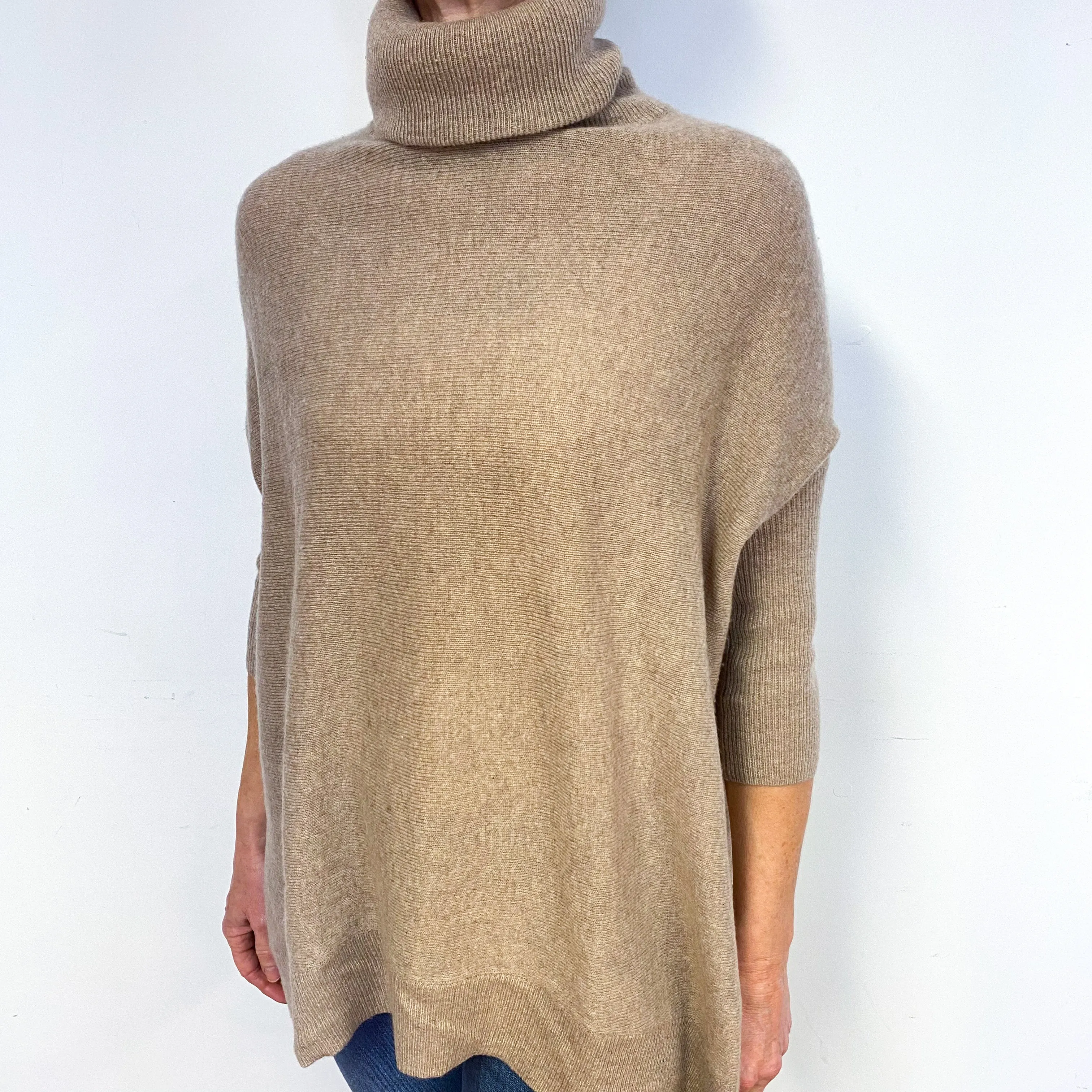 Beige Brown Batwing Cashmere Polo Neck Jumper Medium