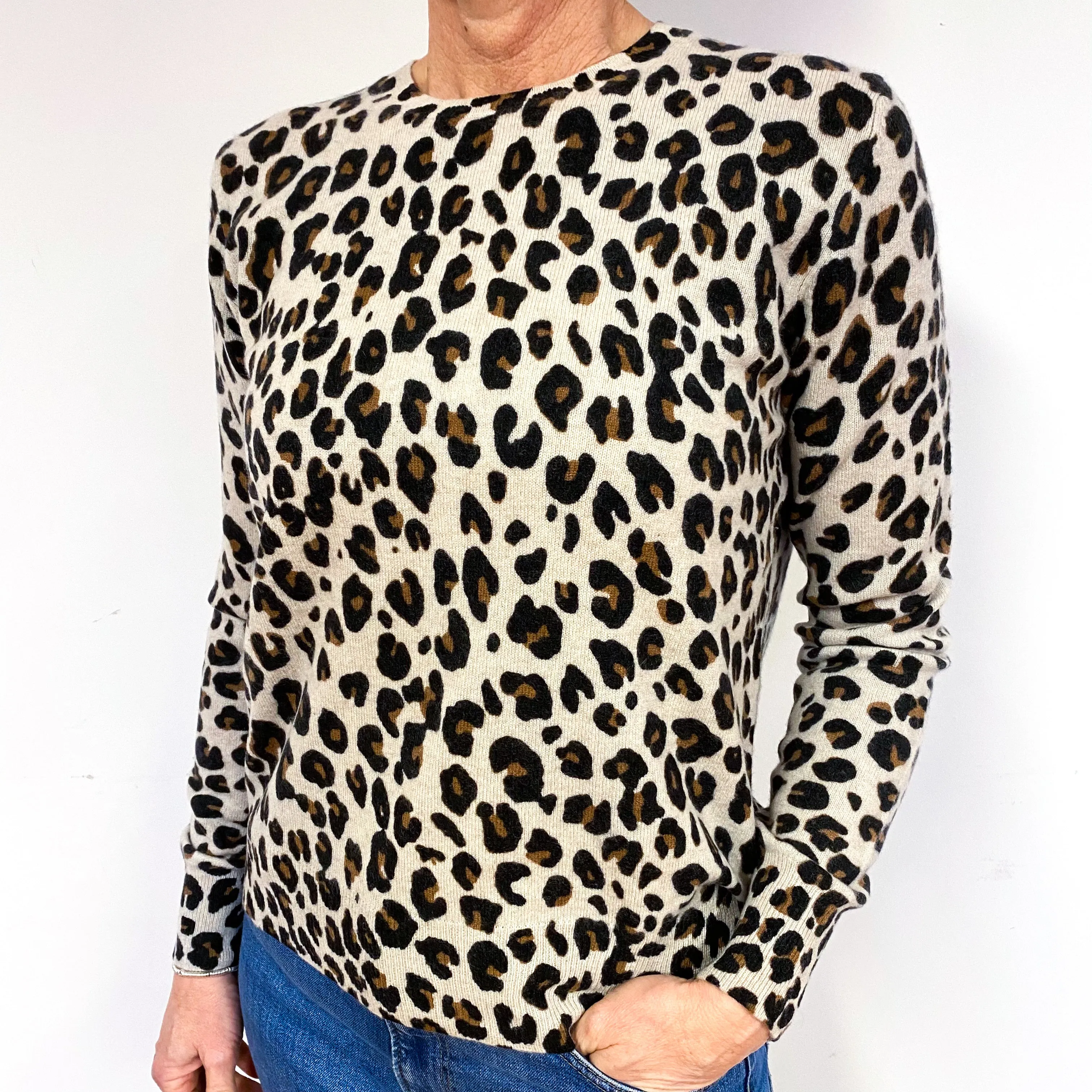 Beige Leopard Print Cashmere Crew Neck Jumper Medium