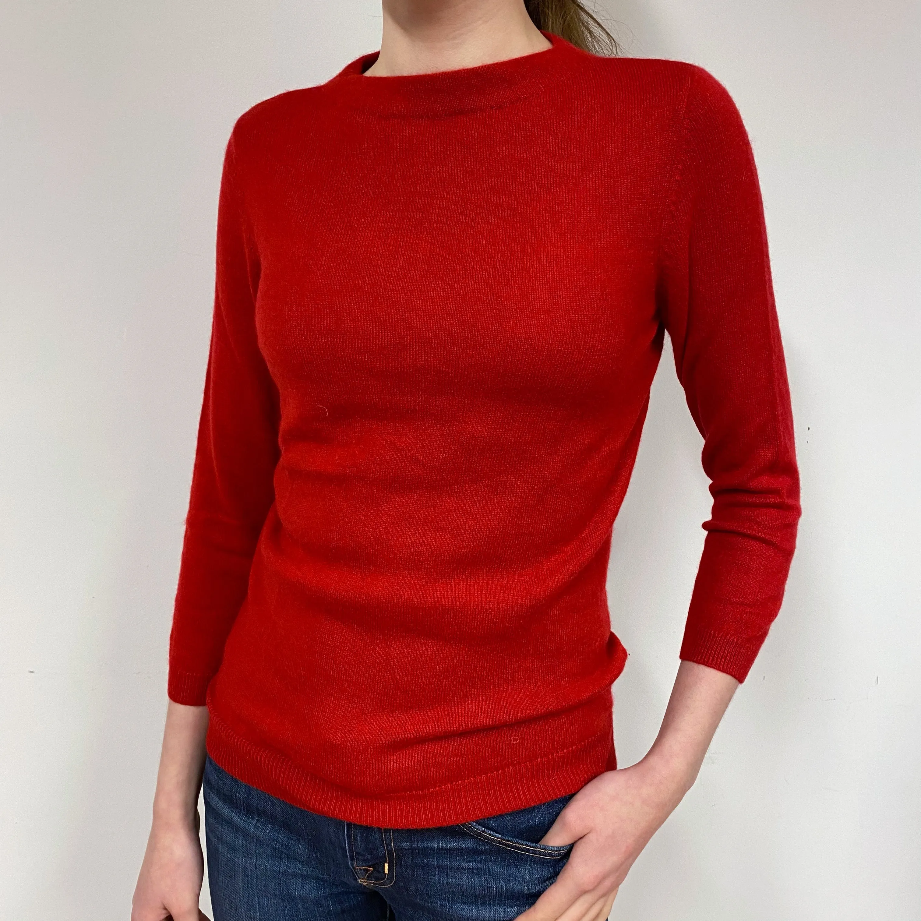 Berry Red 3/4 Sleeve Cashmere Crew Neck Jumper Extra Small