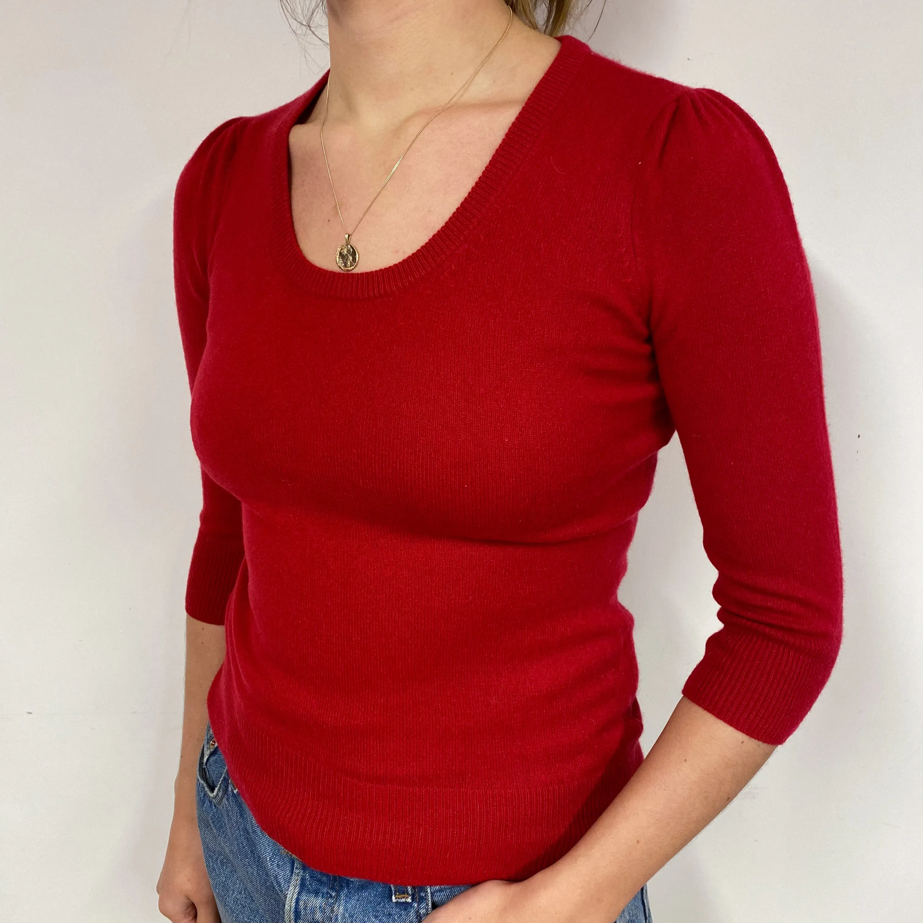 Berry Red 3/4 Sleeve Cashmere Scoop Neck Jumper Small