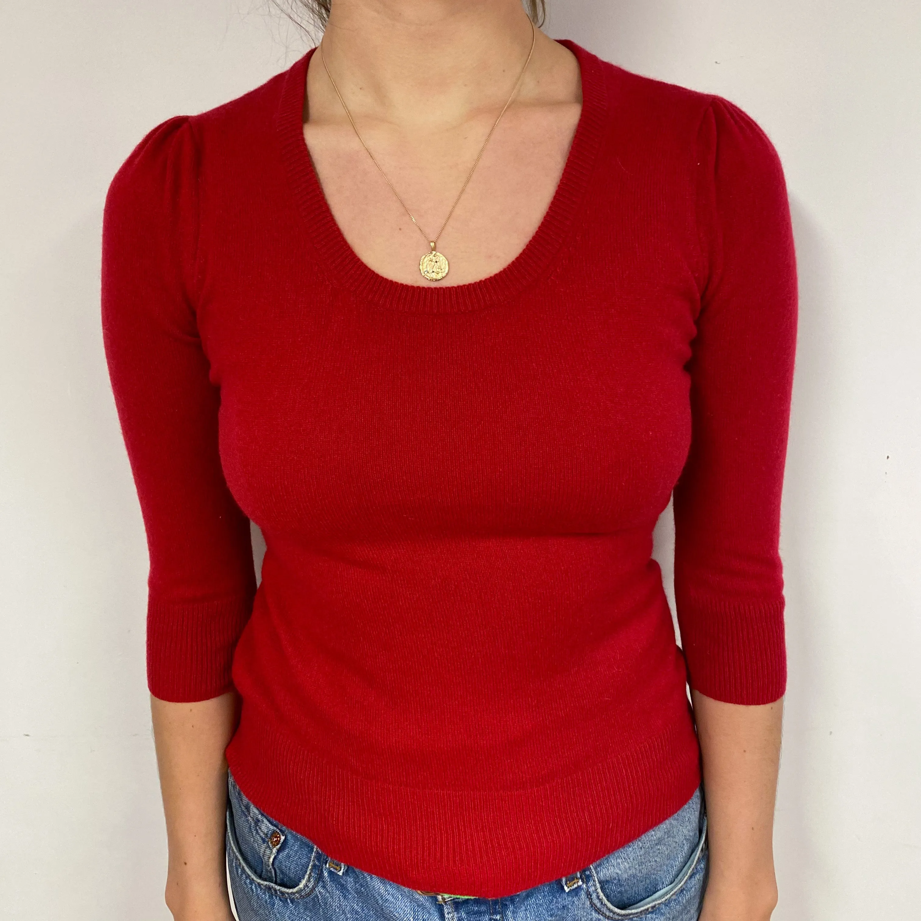 Berry Red 3/4 Sleeve Cashmere Scoop Neck Jumper Small