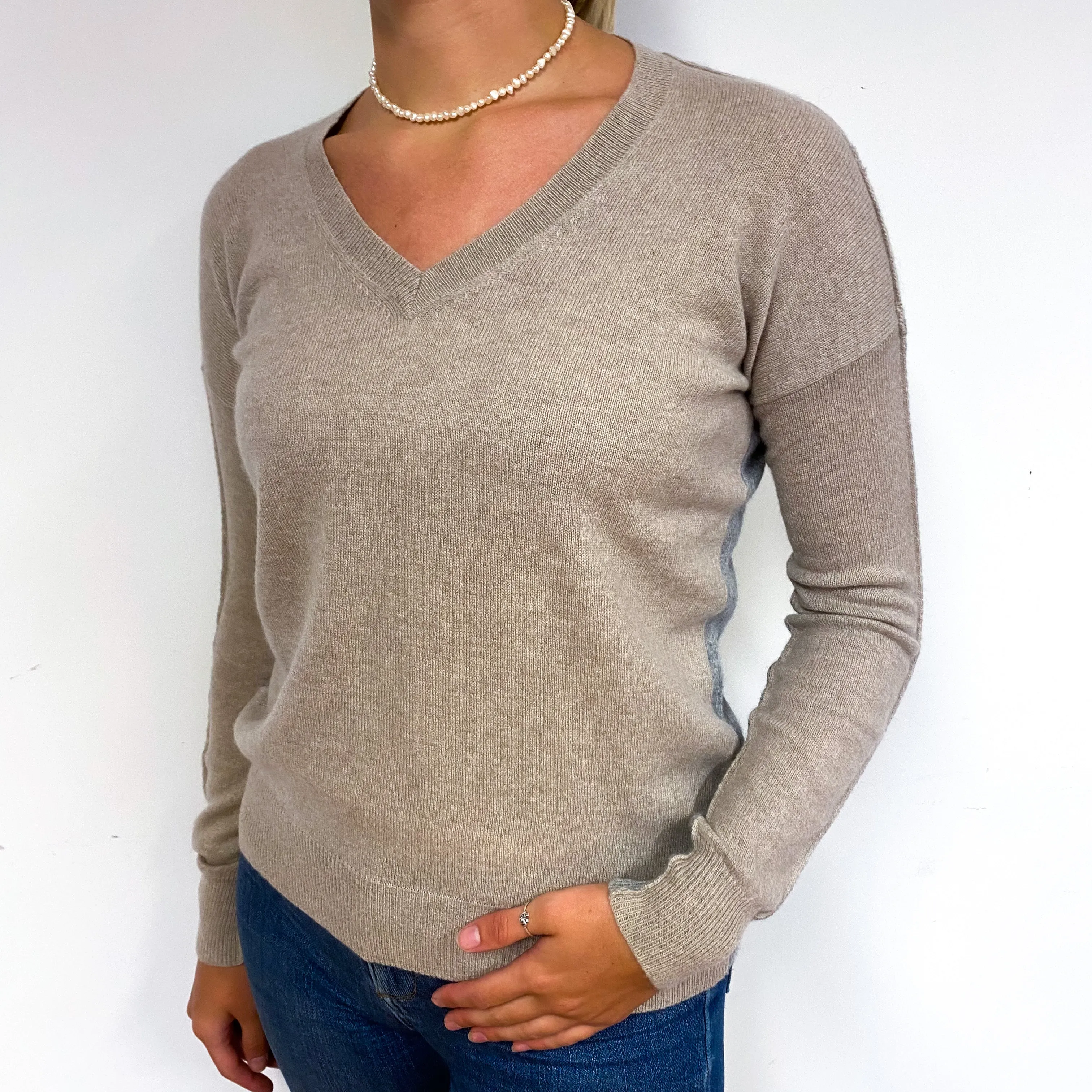 Biscuit and Grey Slouchy Cashmere V-Neck Jumper Small