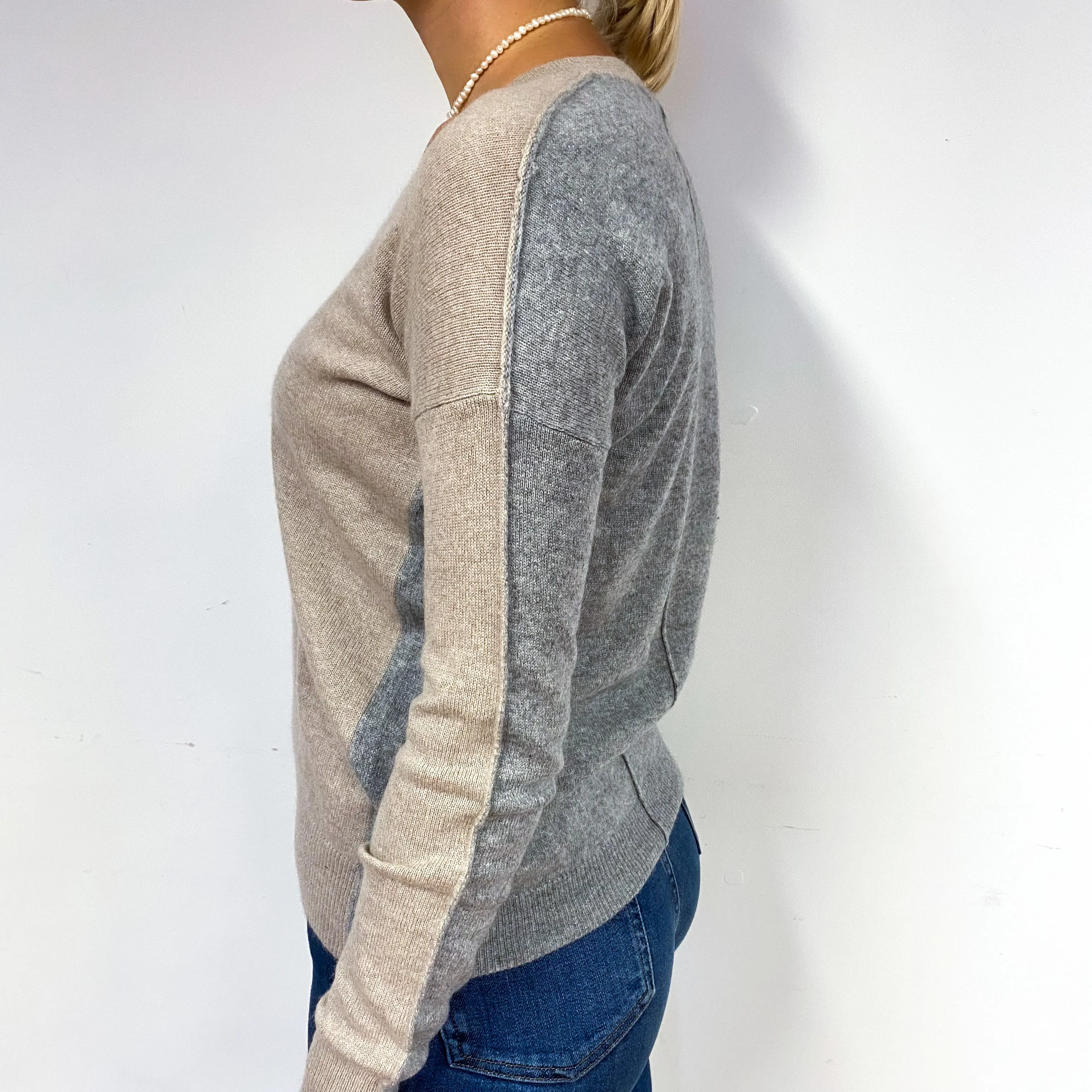 Biscuit and Grey Slouchy Cashmere V-Neck Jumper Small