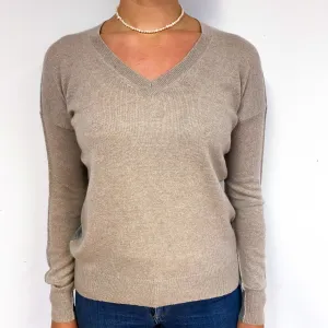 Biscuit and Grey Slouchy Cashmere V-Neck Jumper Small