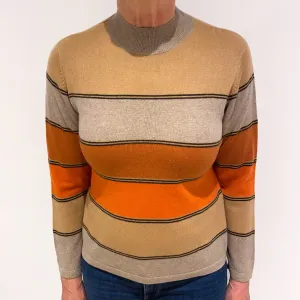 Biscuit Beige, Camel and Paprika Striped  Cashmere Turtle Neck Jumper Medium