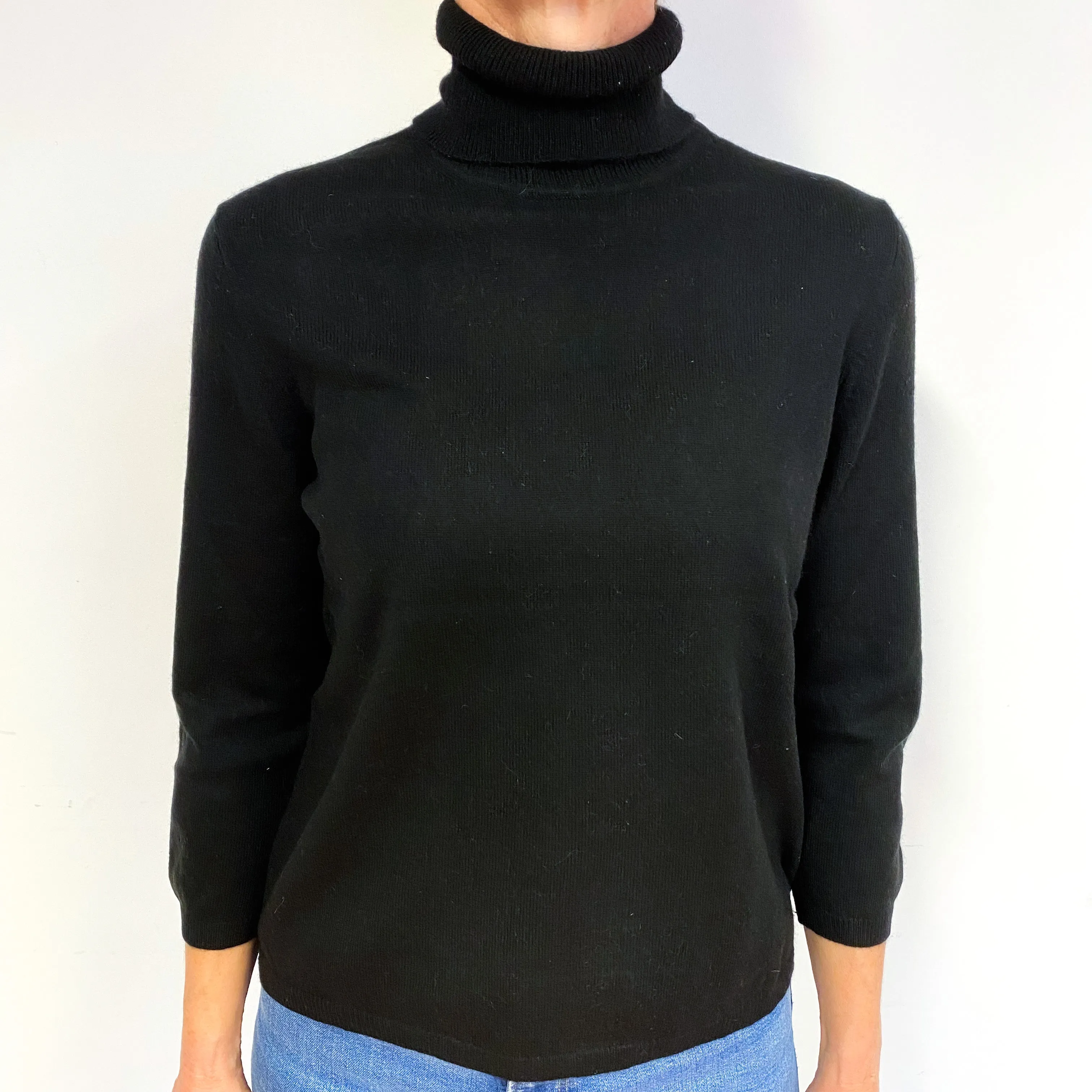 Black 3/4 Sleeve Cashmere Polo Neck Jumper Medium