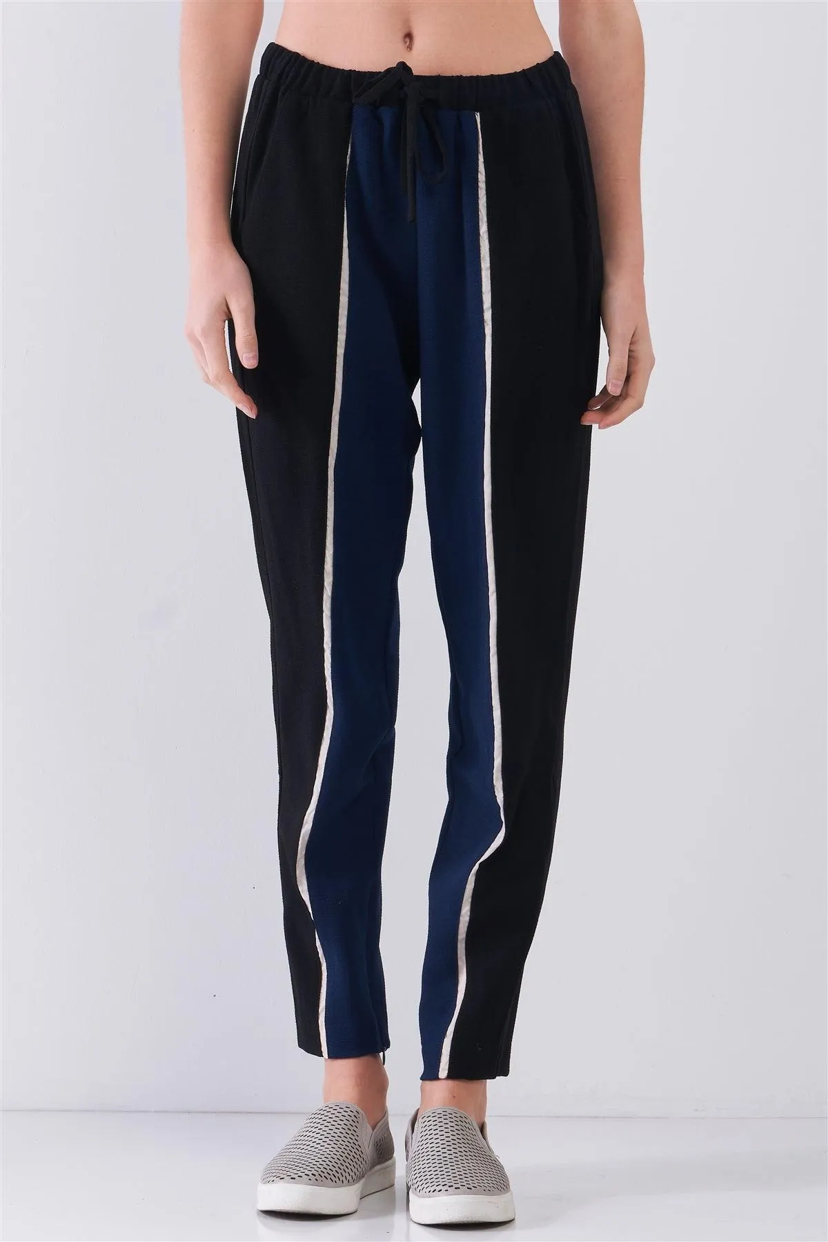 Black & Navy Colorblock High-Waisted Self-Tie Waistline Side Pockets Chinos Pants /1-2-1