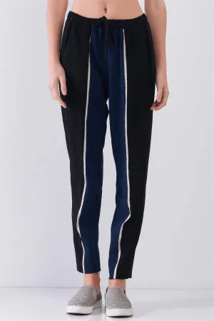 Black & Navy Colorblock High-Waisted Self-Tie Waistline Side Pockets Chinos Pants /1-2-1