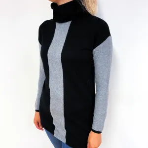 Black and Ash Grey Cashmere Polo Neck Jumper Small