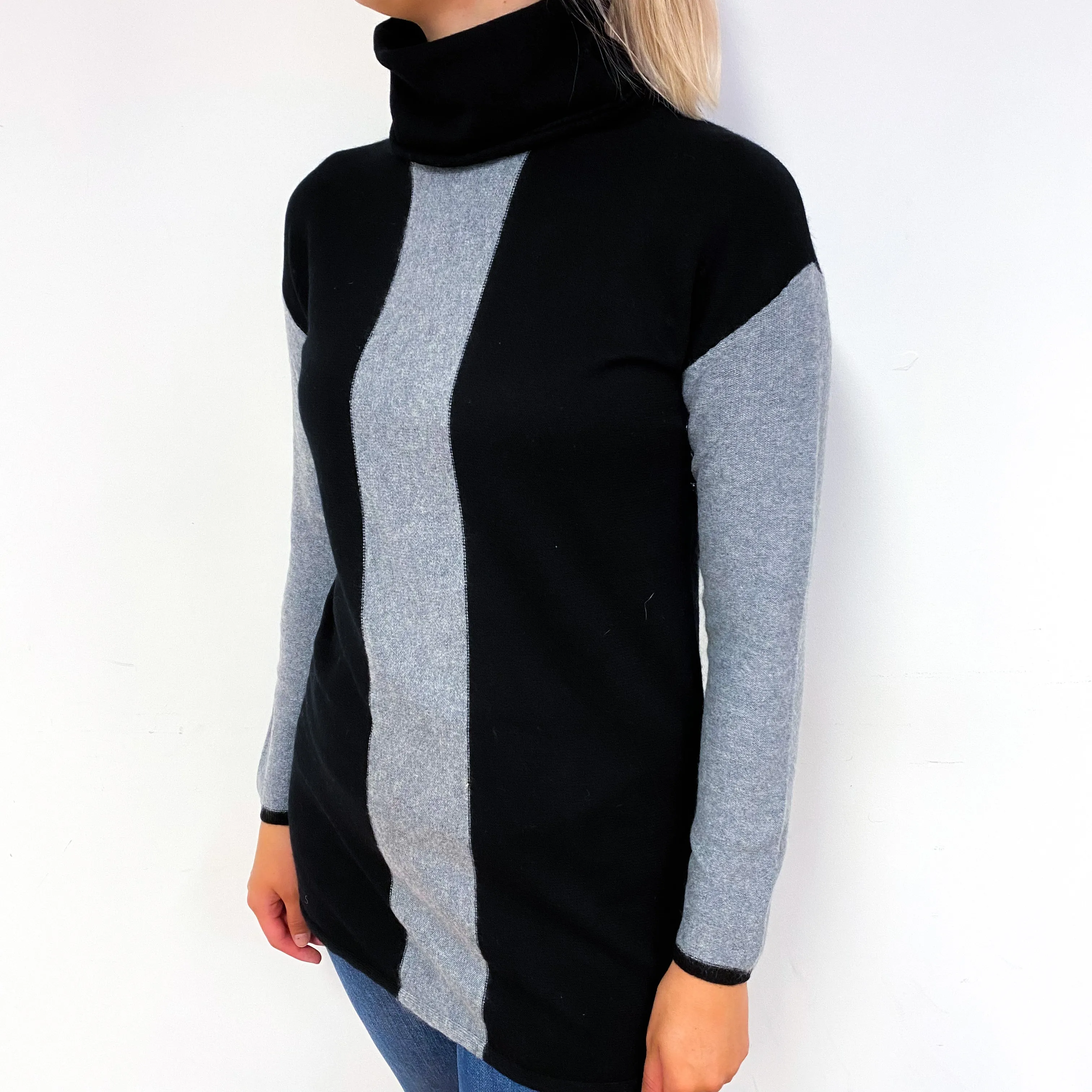 Black and Ash Grey Cashmere Polo Neck Jumper Small