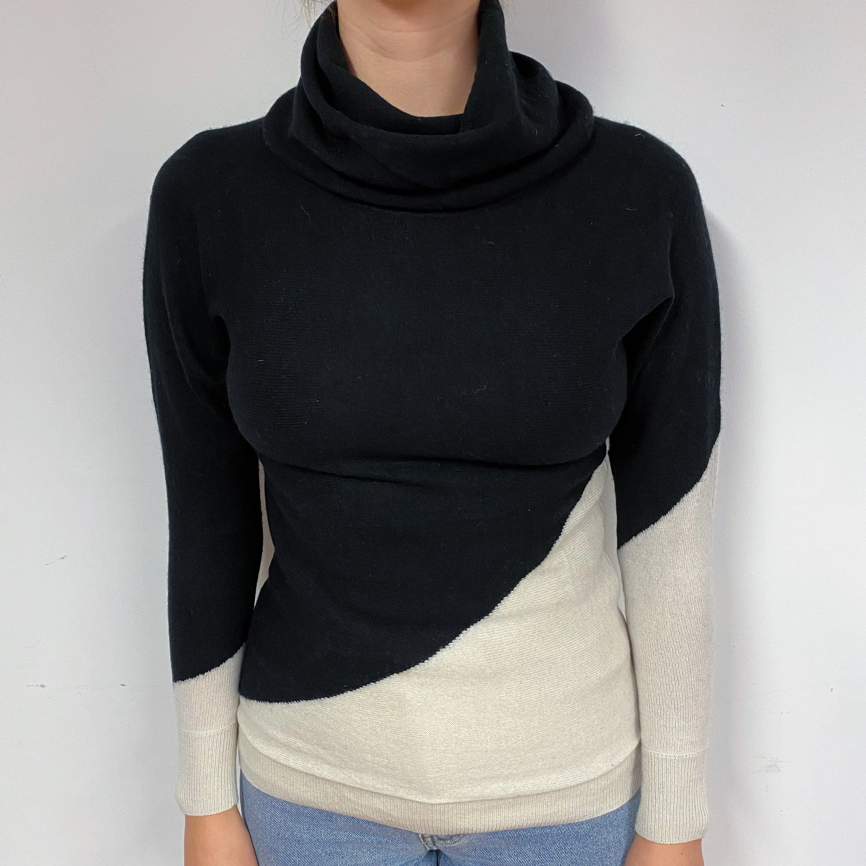 Black and Cream Cashmere Polo Neck Jumper Small