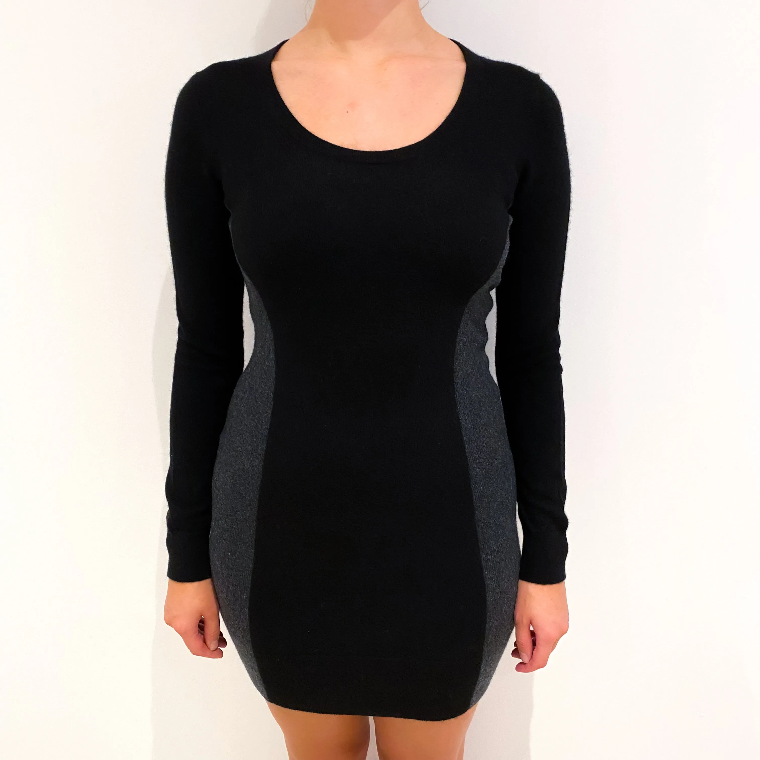 Black and Slate Grey Cashmere Scoop Neck Dress Small