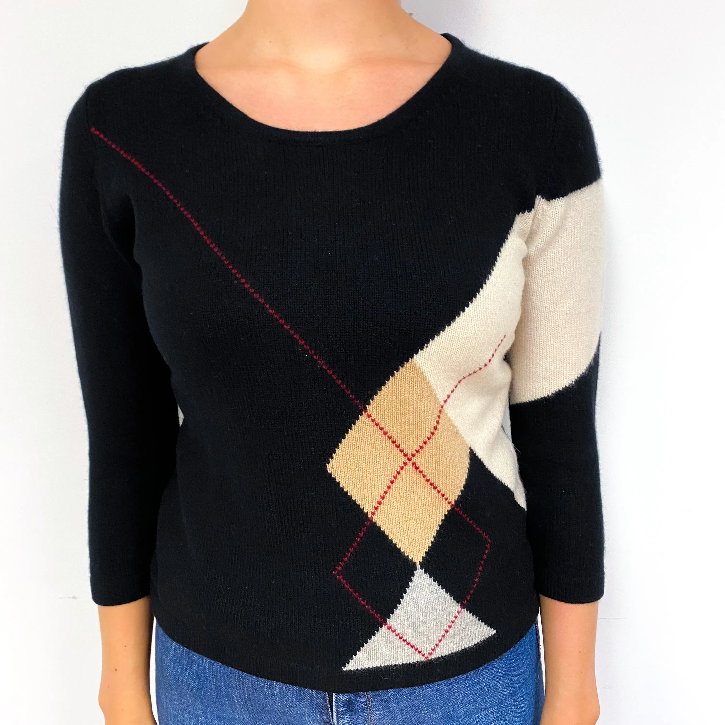 Black Beige Diamond Cashmere Crew Neck Jumper Small