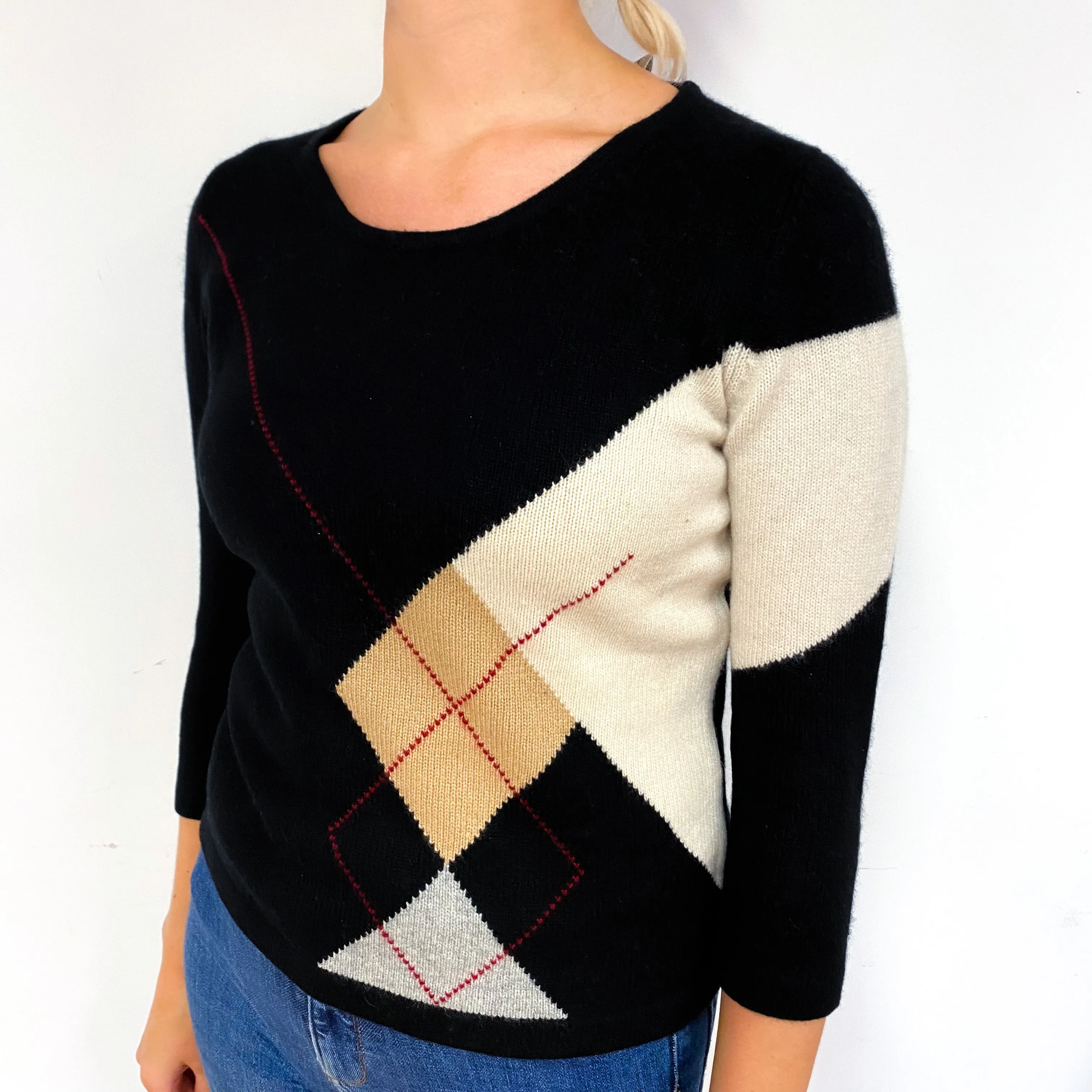 Black Beige Diamond Cashmere Crew Neck Jumper Small