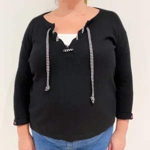 Black Boxy Cashmere V-Neck Jumper with Lace Up Front Extra Large