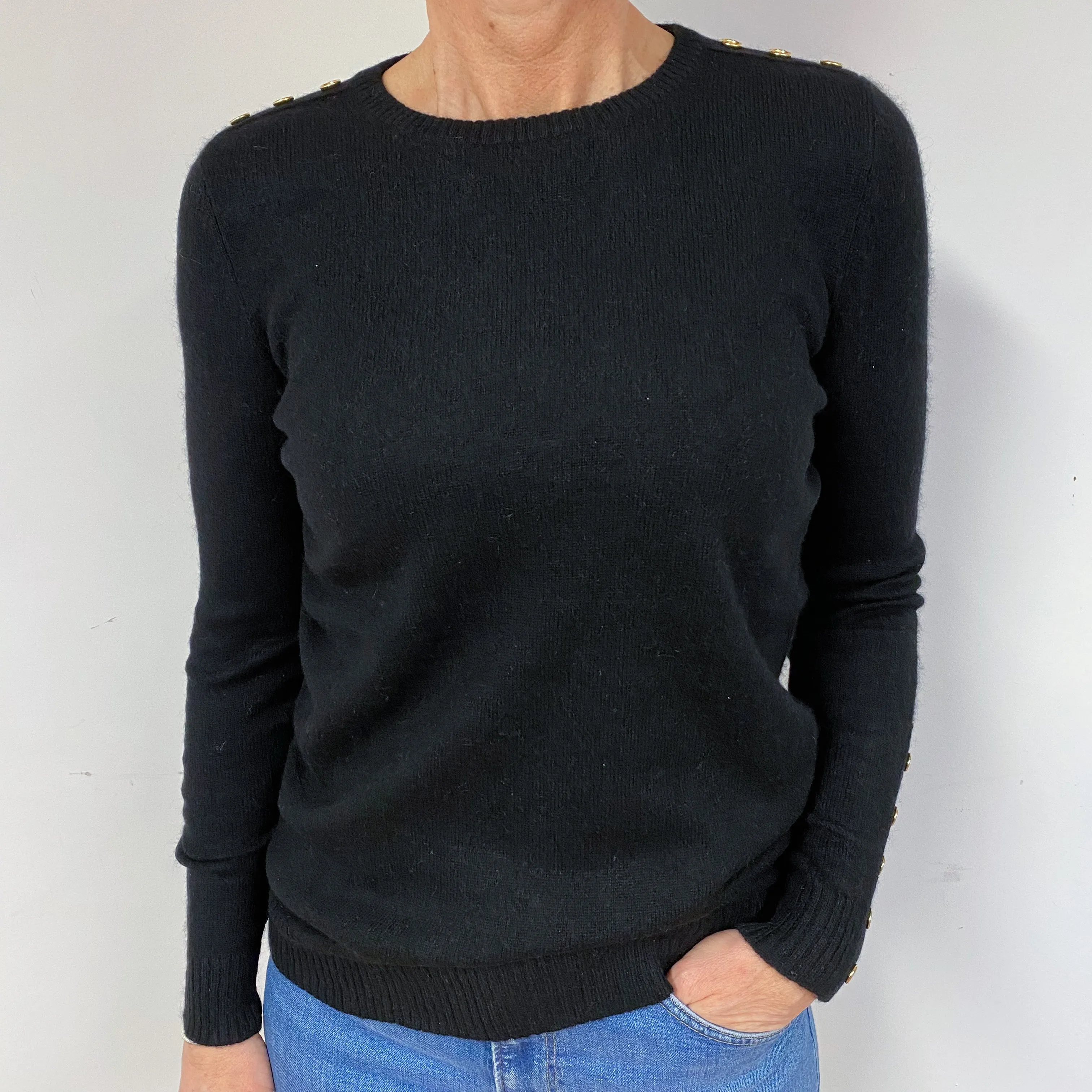 Black Buttoned Cashmere Crew Neck Jumper Medium