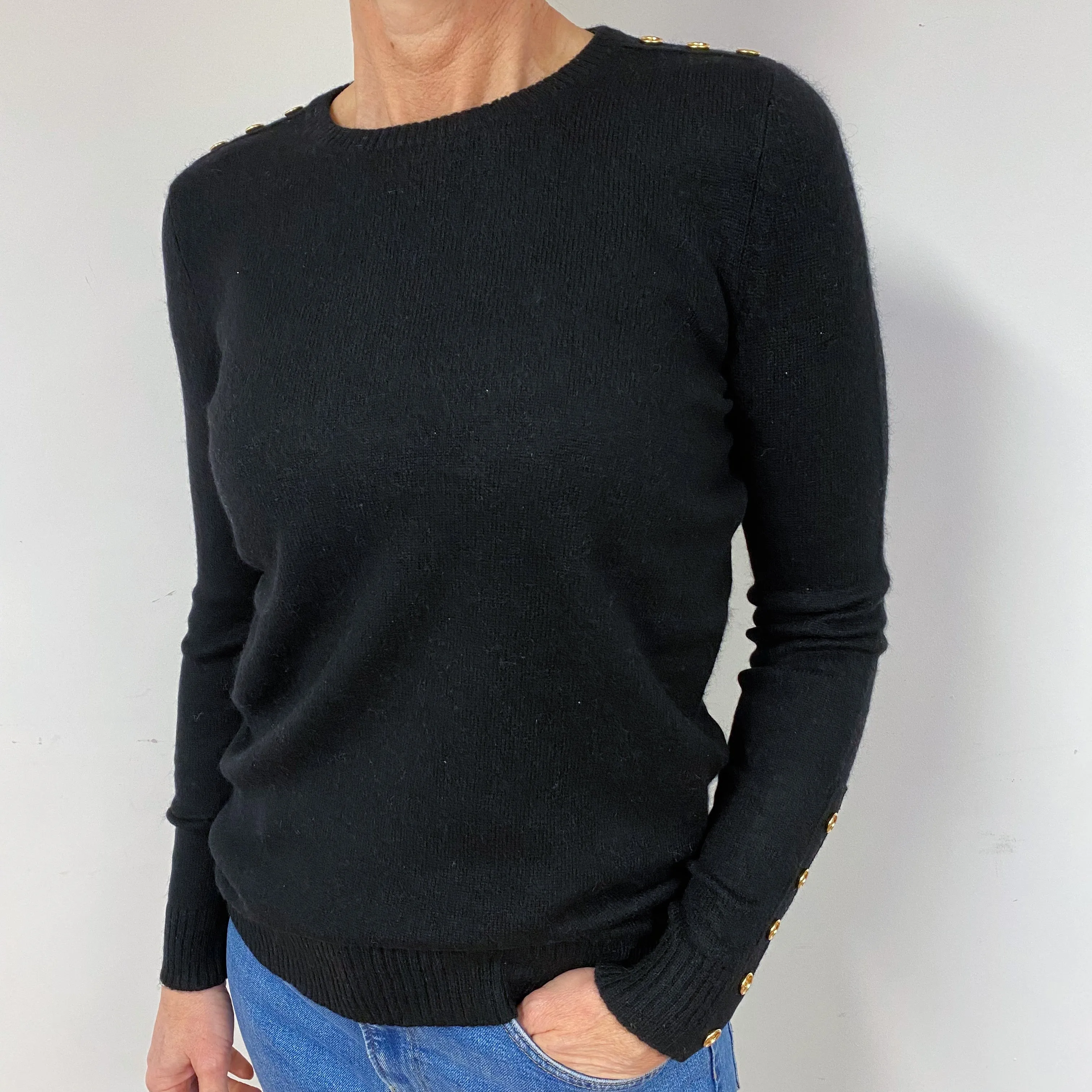 Black Buttoned Cashmere Crew Neck Jumper Medium