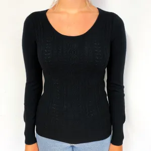 Black Cable Front Cashmere Crew Neck Jumper Small