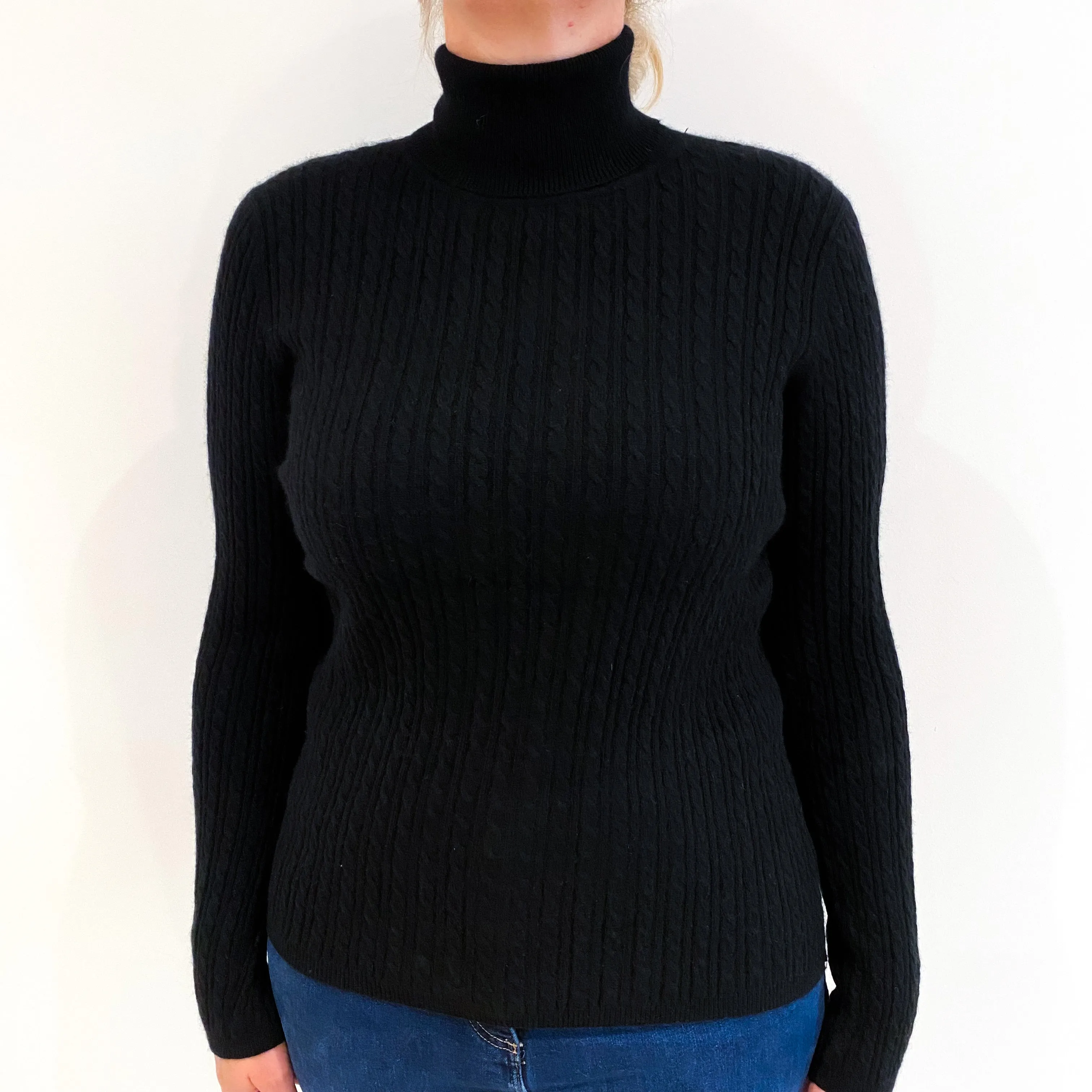 Black Cable Knit Cashmere Polo Neck Jumper Large