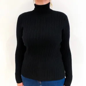 Black Cable Knit Cashmere Polo Neck Jumper Large