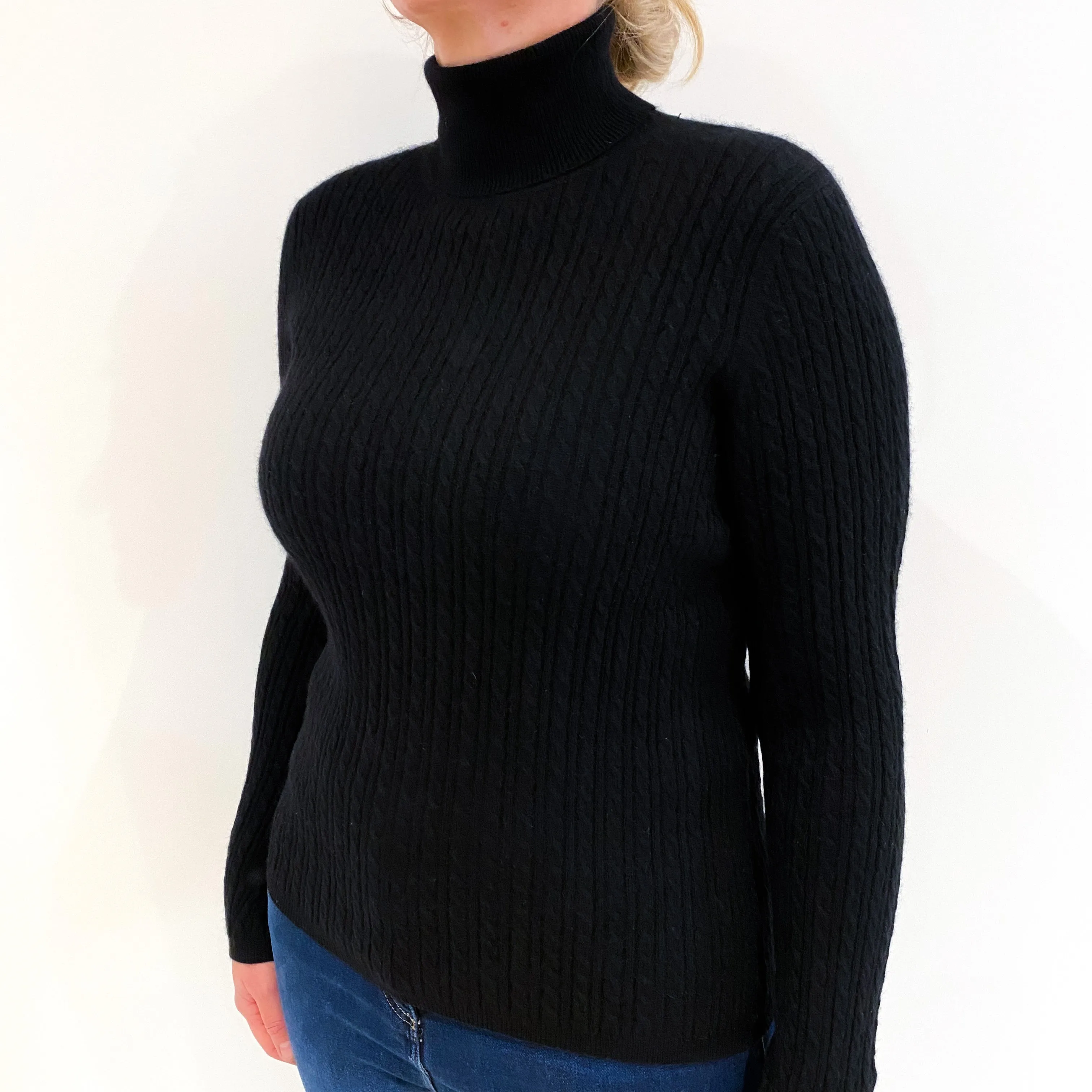 Black Cable Knit Cashmere Polo Neck Jumper Large