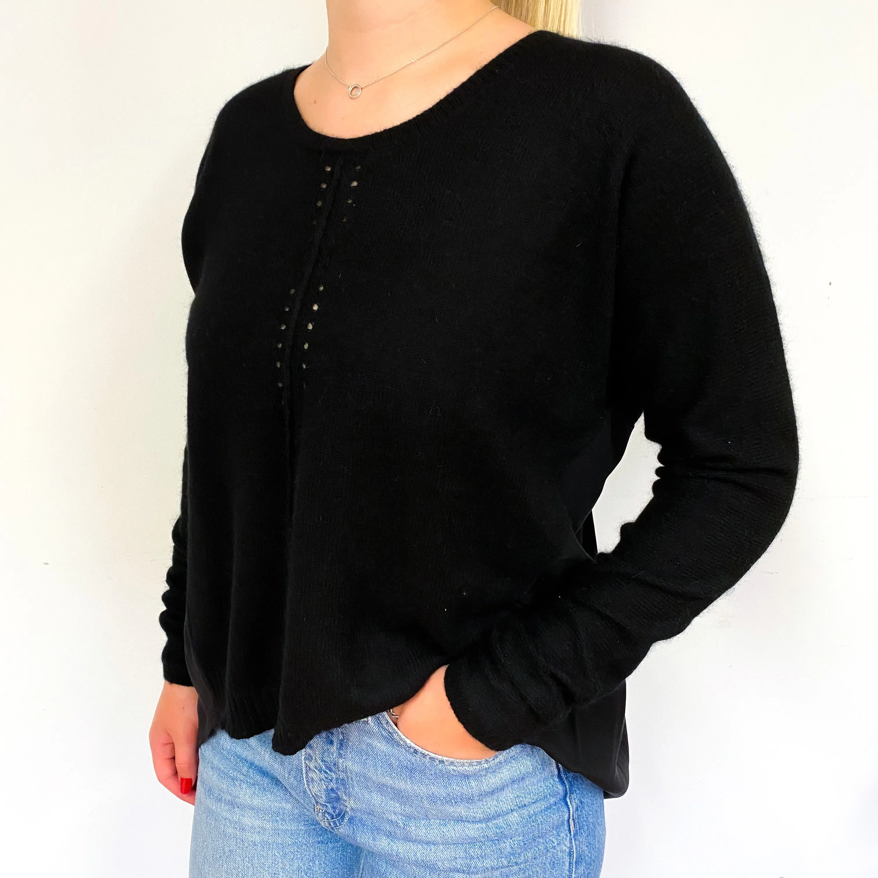 Black Cashmere Crew Neck Jumper with Silk Back Small