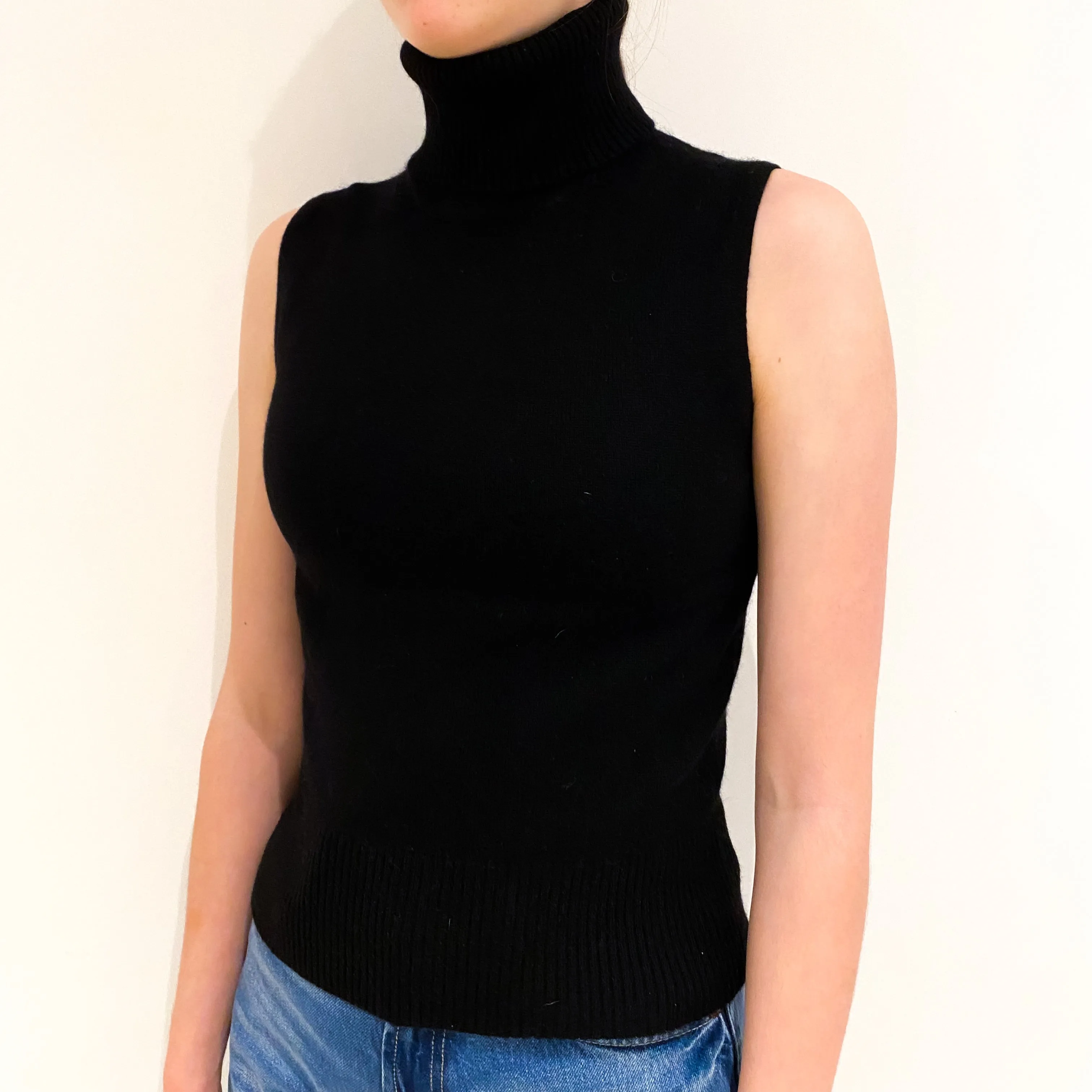 Black Cashmere Polo Neck Tank Top Jumper Extra Small