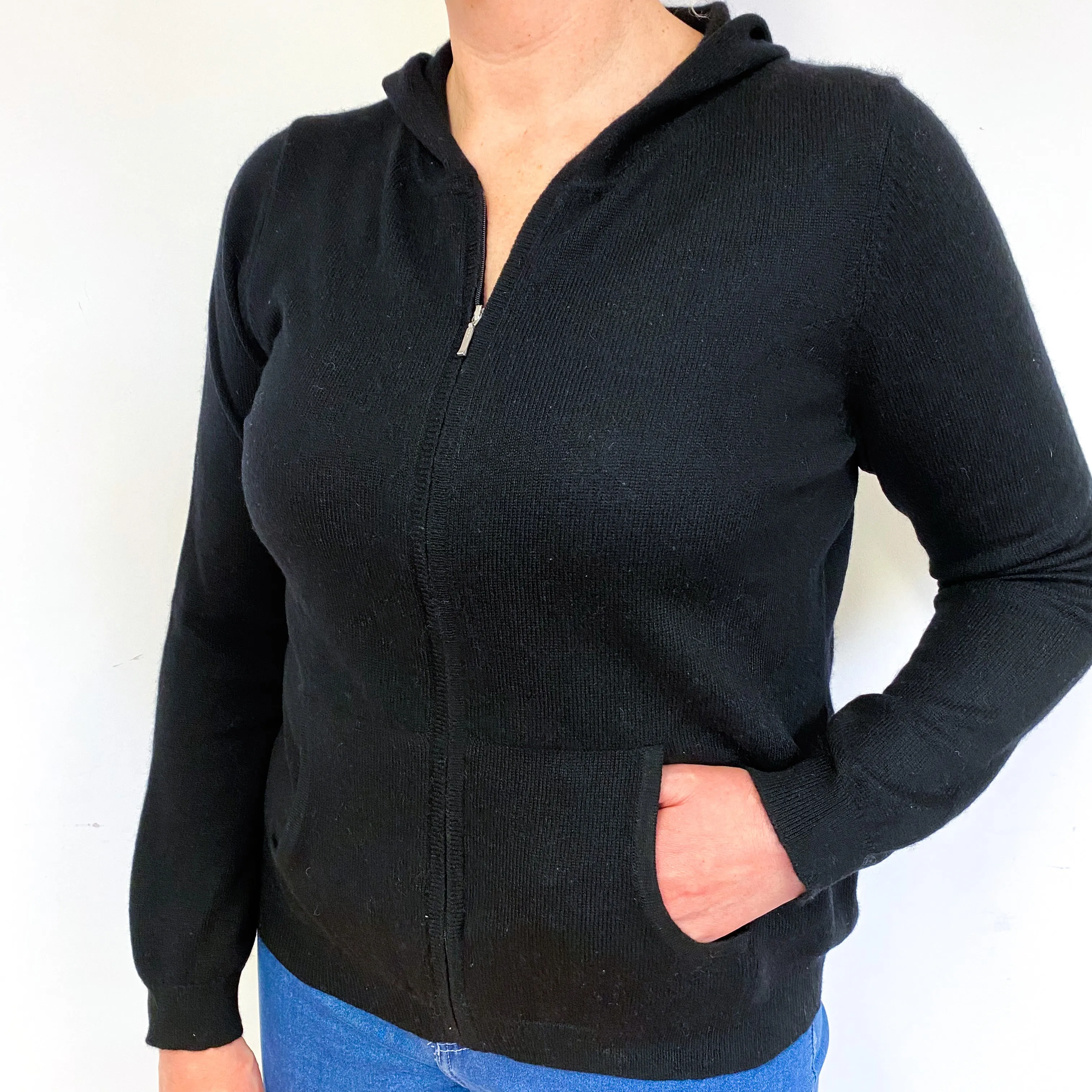 Black Cashmere Zip Hoodie Cardigan Large