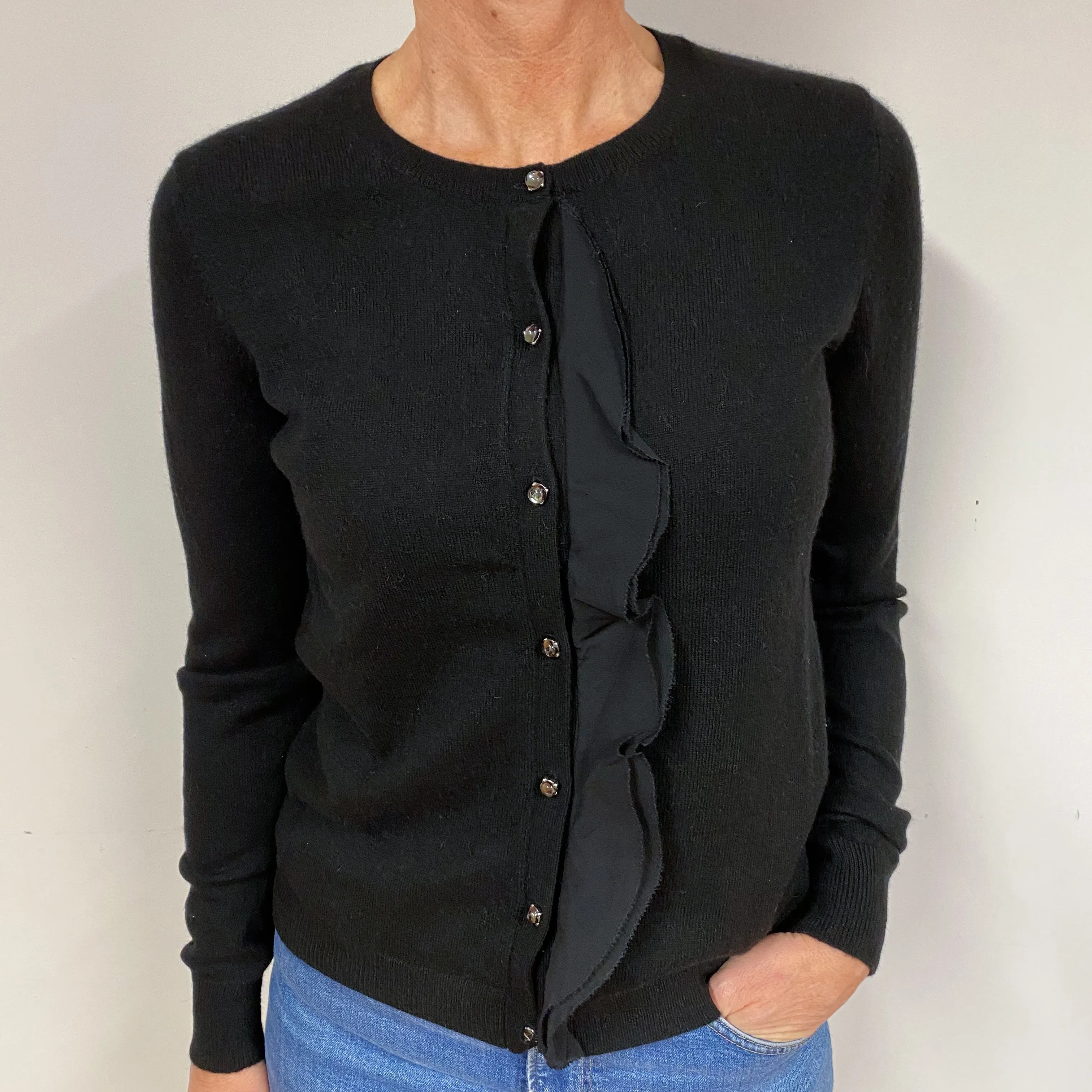 Black Chiffon Trim Cashmere Crew Neck Cardigan Medium